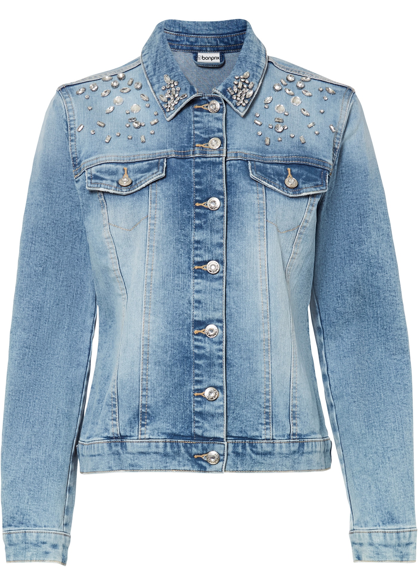 bonprix Jeansjacke in klassischer Form und mit hochwertigen Glitzersteinen