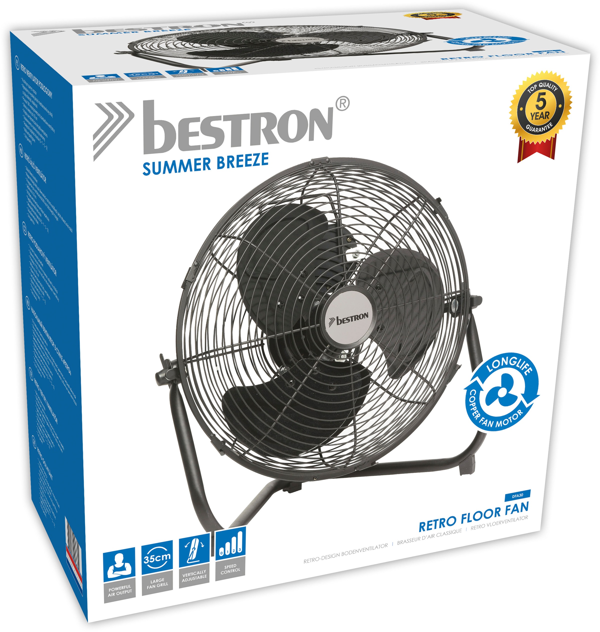 bestron Bodenventilator »im Retro-Stil«, Vertikal verstellbar, Höhe: 39 cm, Ø 35 cm, 55 W, Schwarz