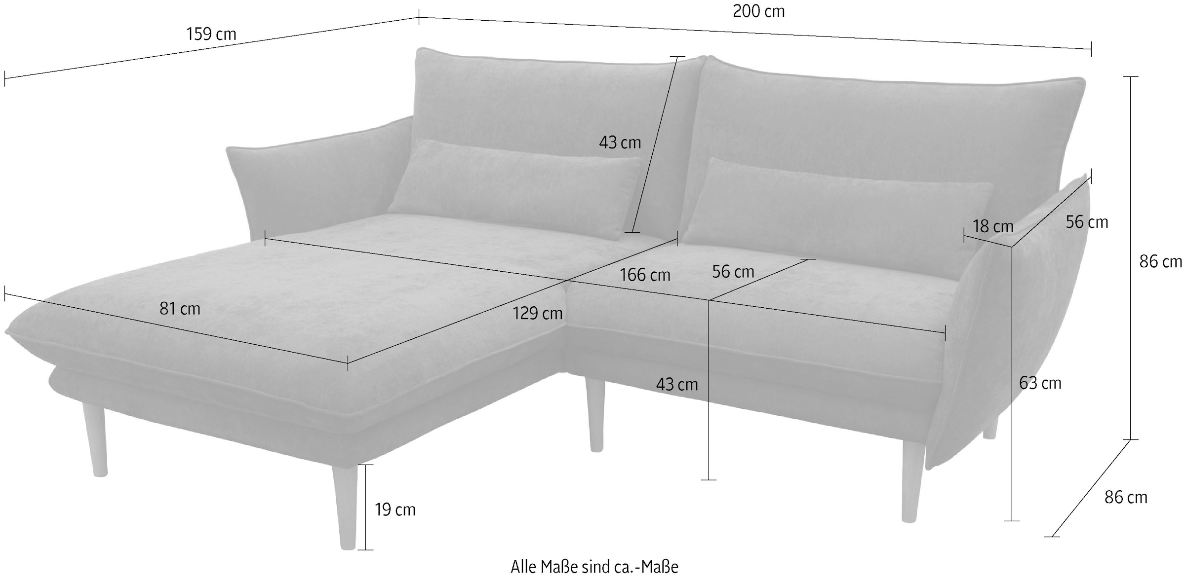 DOMO collection Ecksofa »100 032 kompakte Stellmaße, Breite 200cm, schmale Armlehnen, L-Form«, bodenfrei, 19cm hohe Holzfüße