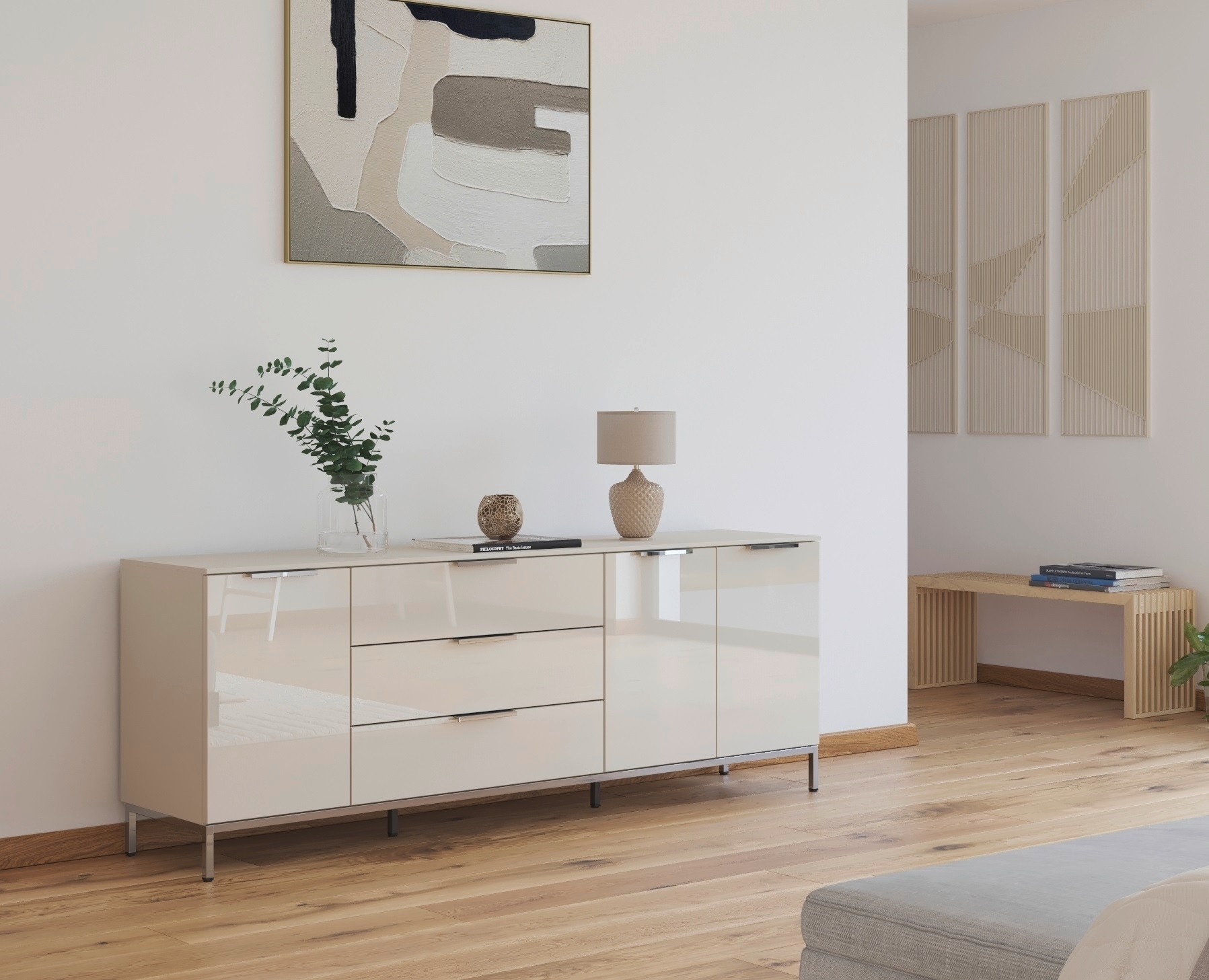 rauch Kombikommode »Kommode Türkommode Sideboard Kombikommode FLIPP mit Glasfront« Breite 200 cm mit 2 Einlegeböden,  3-türig mit 3 Schubladen und Soft-Close-Funktion sowie Glasfront