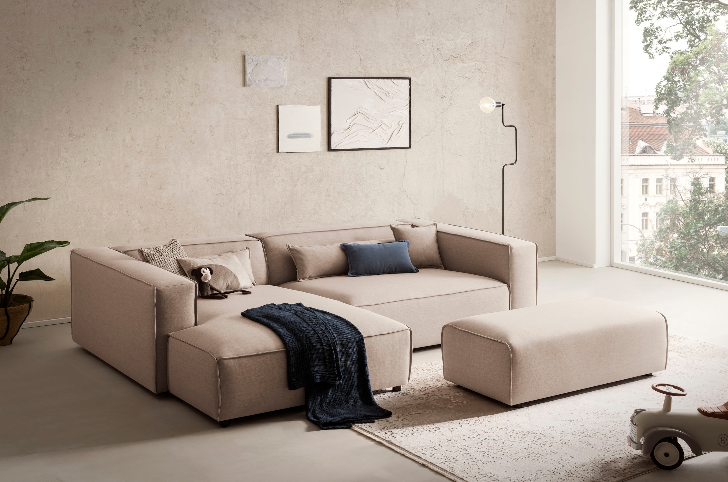 LeGer Home by Lena Gercke Polsterecke »PIARA XXL, L-Form mit Schlaffunktion, Big-Sofa in Cord o. Leinenoptik«, Hocker stellbar zum Schlafsofa (Krokodilverbinder), tiefe Sitzfläche