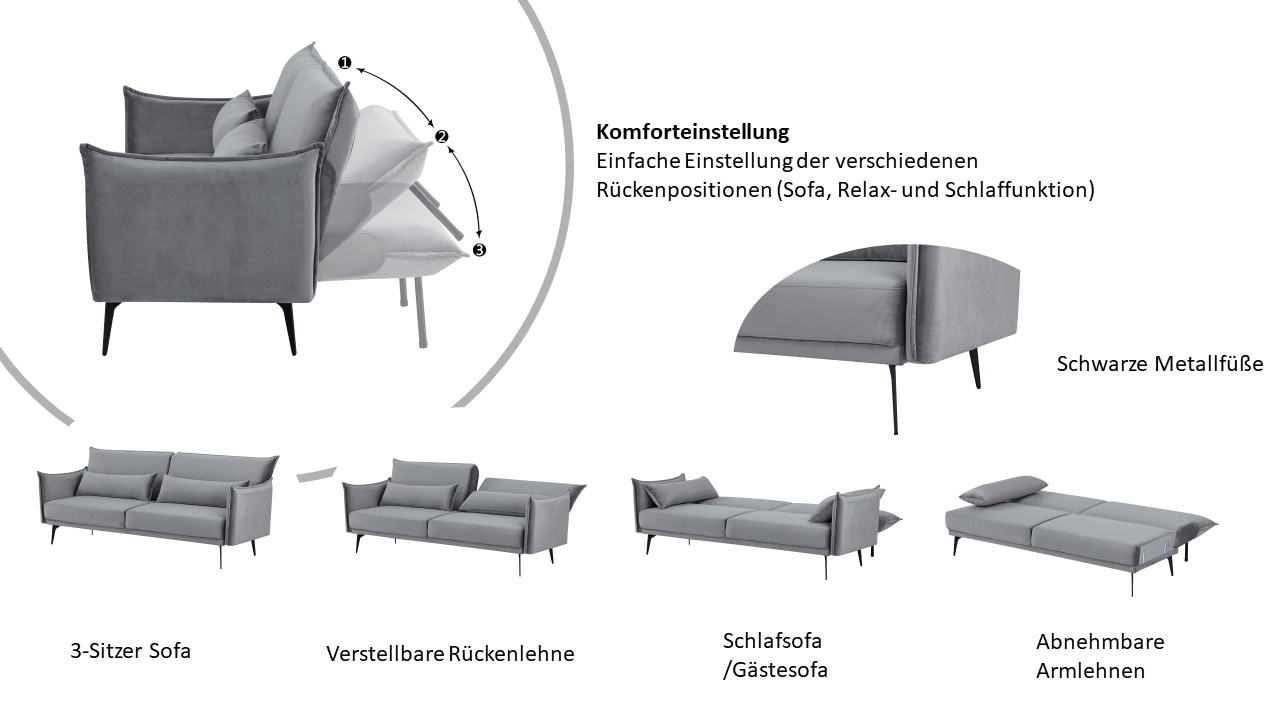 INOSIGN Schlafsofa »TULARE, 204 cm, klappbarer 3-Sitzer mit verstellbarer Rückenlehne,«, Schlaffunktion