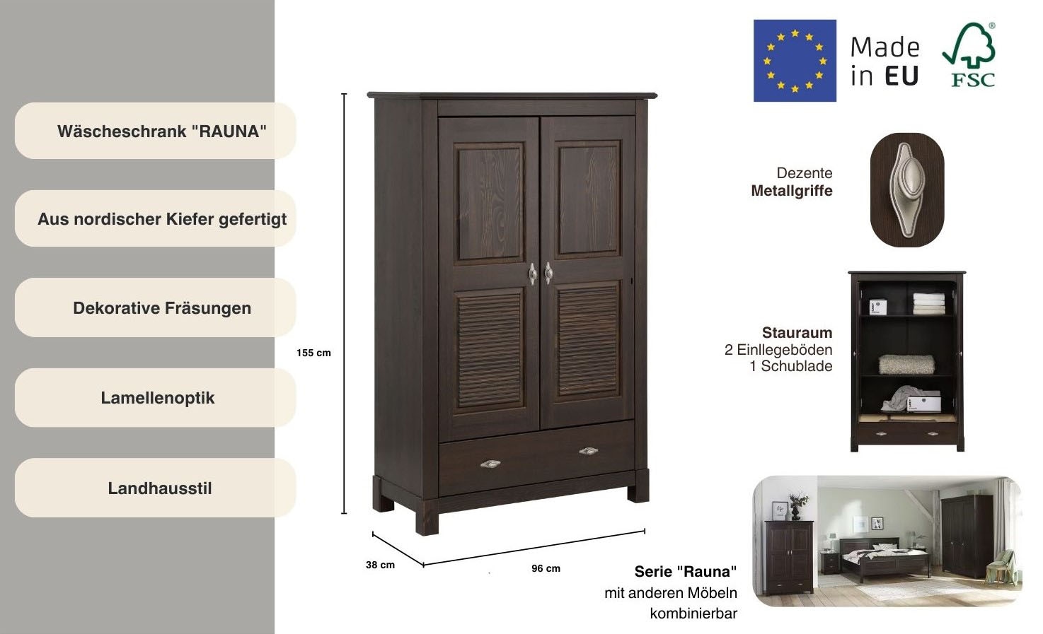 Home affaire Wäscheschrank »Rauna«, (B/H/T ca. 96/155/38 cm), aus massiver Kiefer, 2-türig, 96cm breit