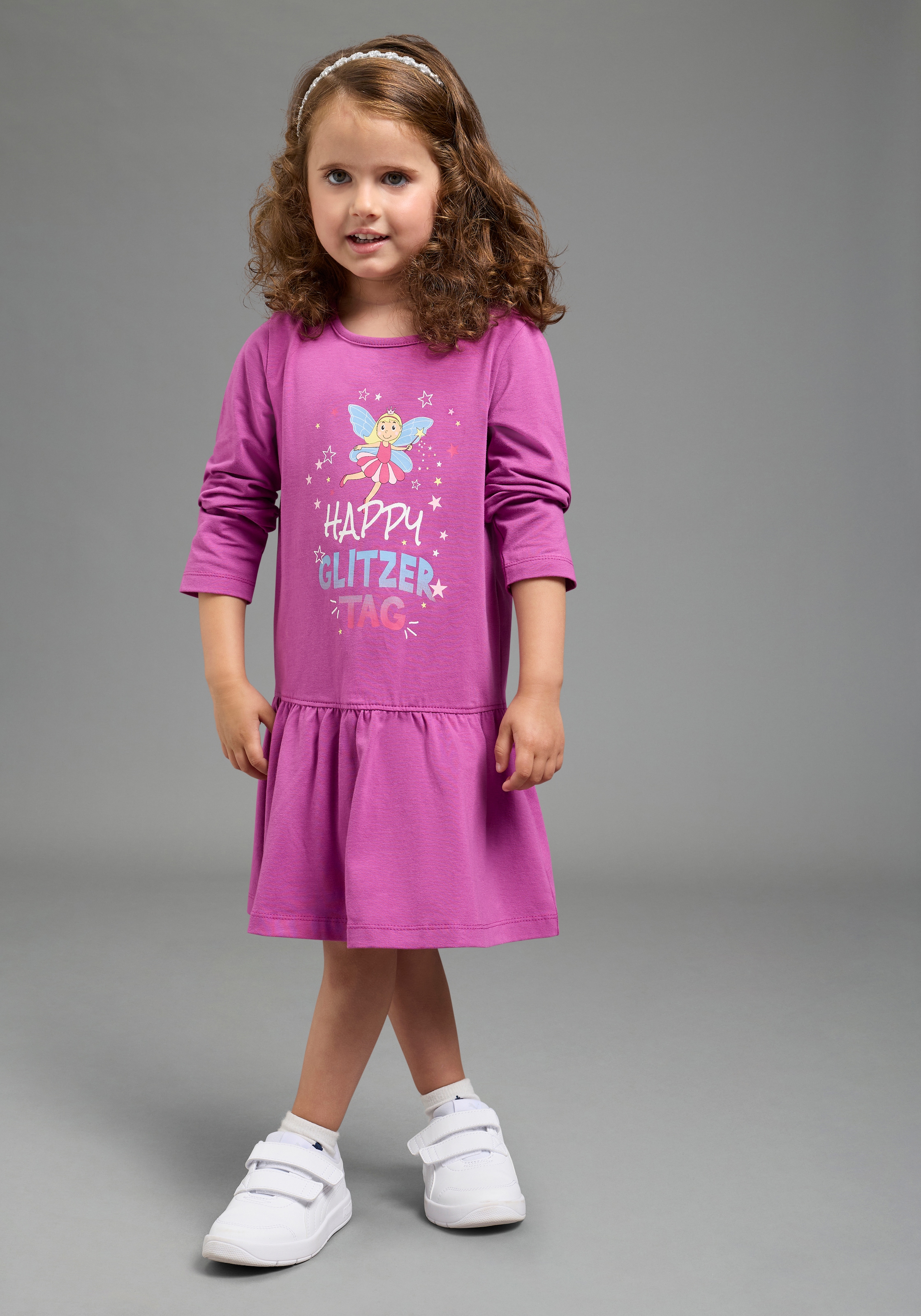 KIDSWORLD Jerseykleid »mit Spruch: HAPPY GLITZER TAG« Shirtkleid mit Feenprint, kniefreie Länge,  verspielter Look