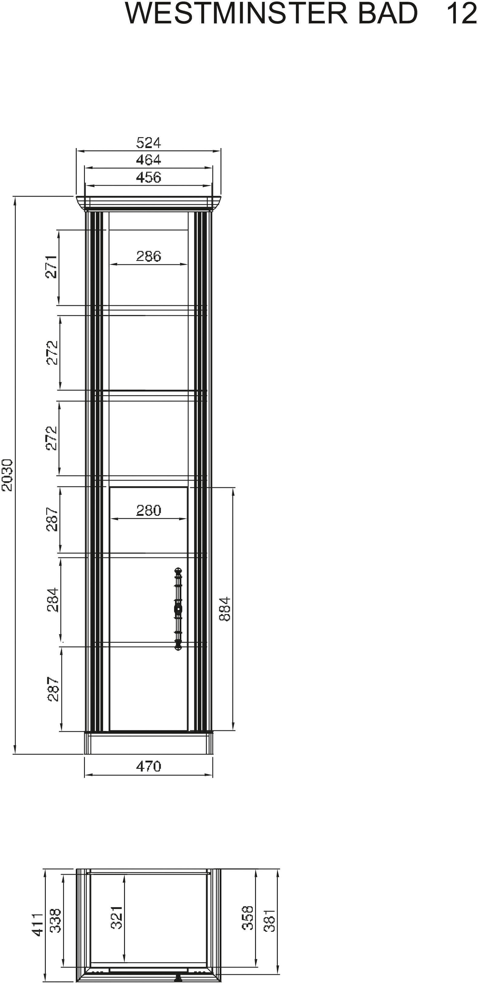 OTTO home Stauraumschrank »WESTMINSTER, Badschrank im Landhausstil, Schrank mit Metallgriffen« in 2 Farben verfügbar, mit offenen Fächern und Stauraum