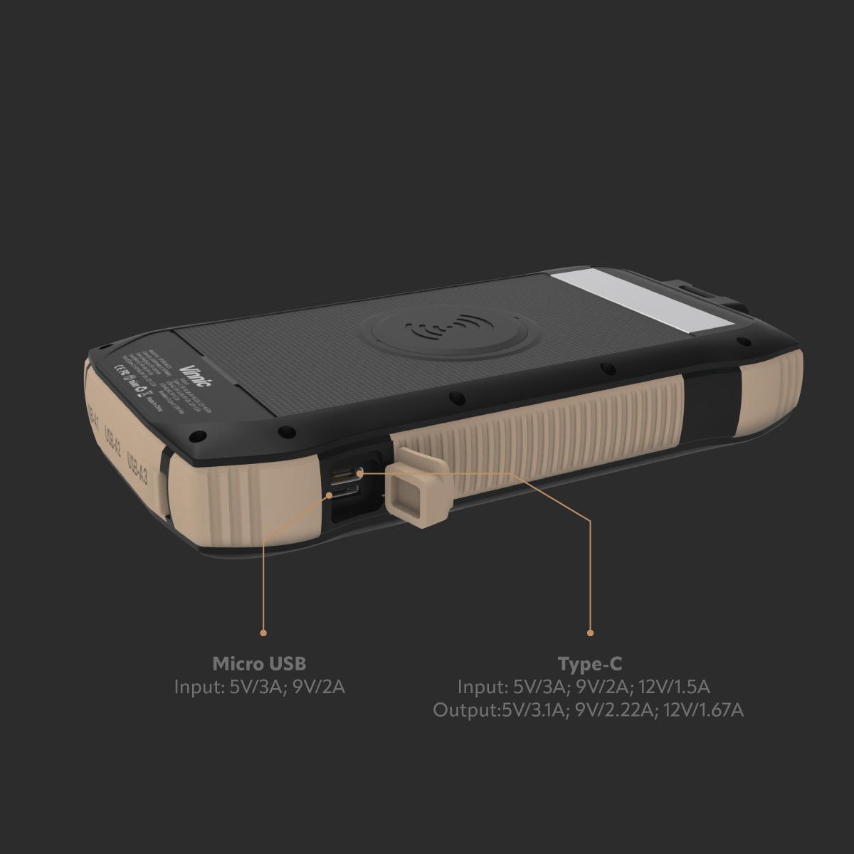 Vinnic Powerbank »SACA PEAK Solar Powerbank 20.000mAh IP65 1xUSB-C, 3xUSB-A«, Vinnic SACA PEAK Solar Powerbank 20.000mAh IP65 1xC 3xA,black