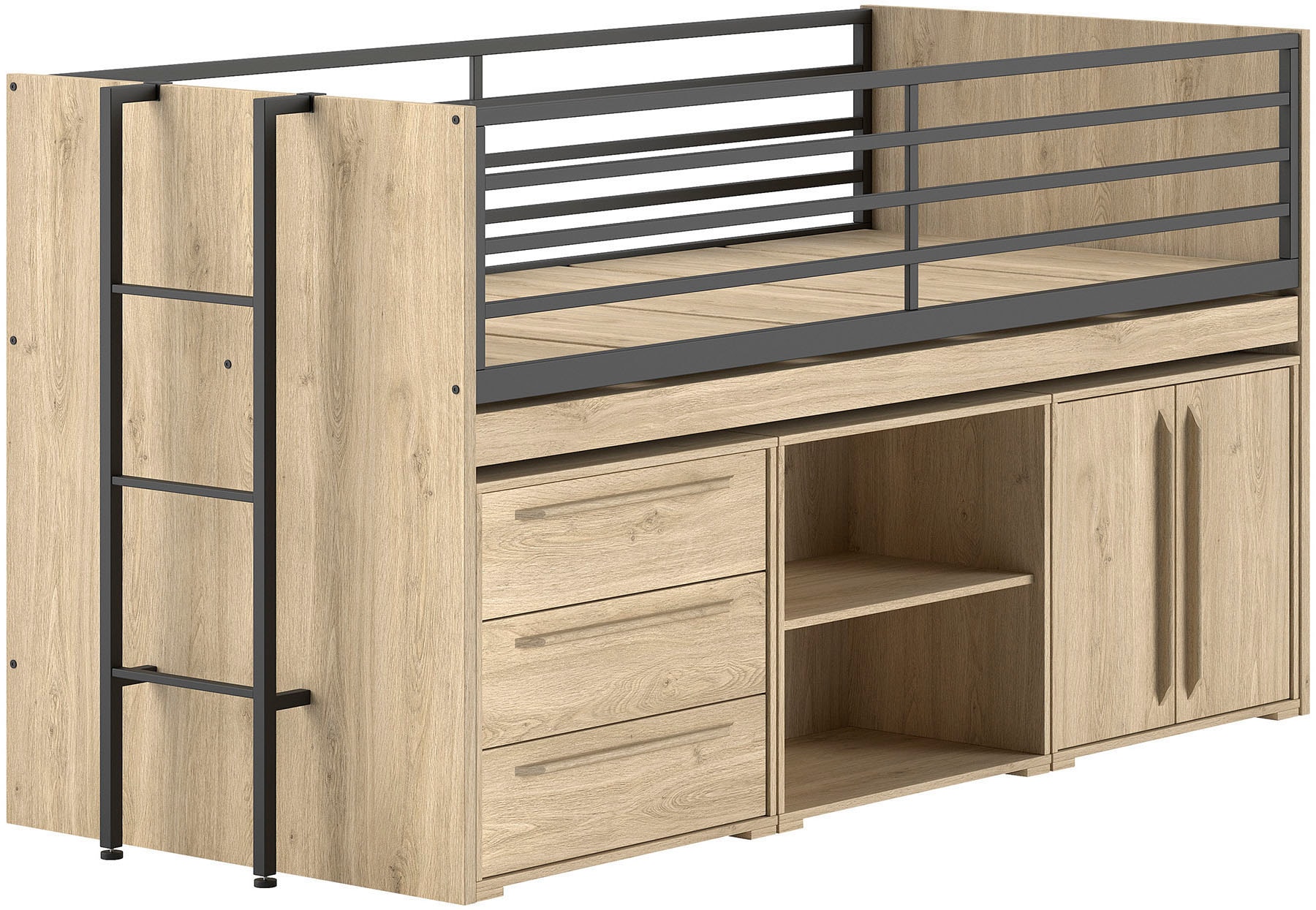 Vipack Stauraumbett »Sam, schlafen und arbeiten in einem, wahlweise Eiche- oder Weiß-Dekor« Liegefläche 90x200 cm, darunter eine große ausziehbare Schreibplatte,  mit Absturzschutz, Leiter u. Stauraum, pflegeleichte Dekor Oberfläche