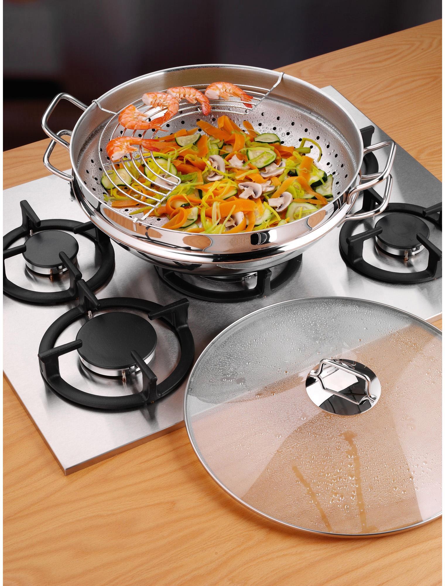 WMF Wok »Macao«, Cromargan® Edelstahl XXL mit Garantie Glasdeckel, Rostfrei tlg., Induktion 1 Rezeptheft), (Set, Wok mit 4 Jahren 18/10, 3 x Dämpfeinsatz