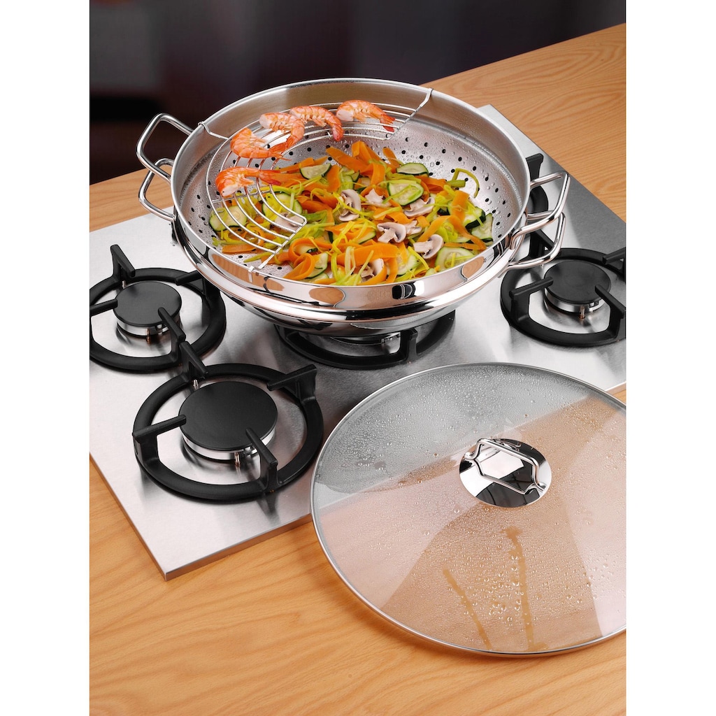 WMF Wok »Macao«, Cromargan® Edelstahl Rostfrei 18/10, (Set, 4 tlg., 1 x Wok mit Glasdeckel, Dämpfeinsatz, Rezeptheft)