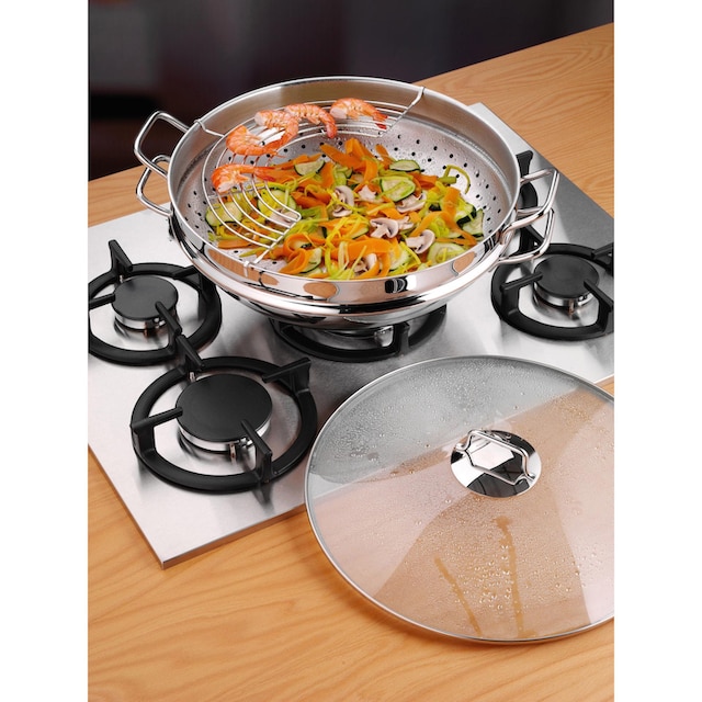 1 WMF Induktion 18/10, Wok Wok mit Edelstahl 4 XXL tlg., Rostfrei x mit »Macao«, Rezeptheft), Garantie Glasdeckel, Dämpfeinsatz, 3 Jahren Cromargan® (Set,