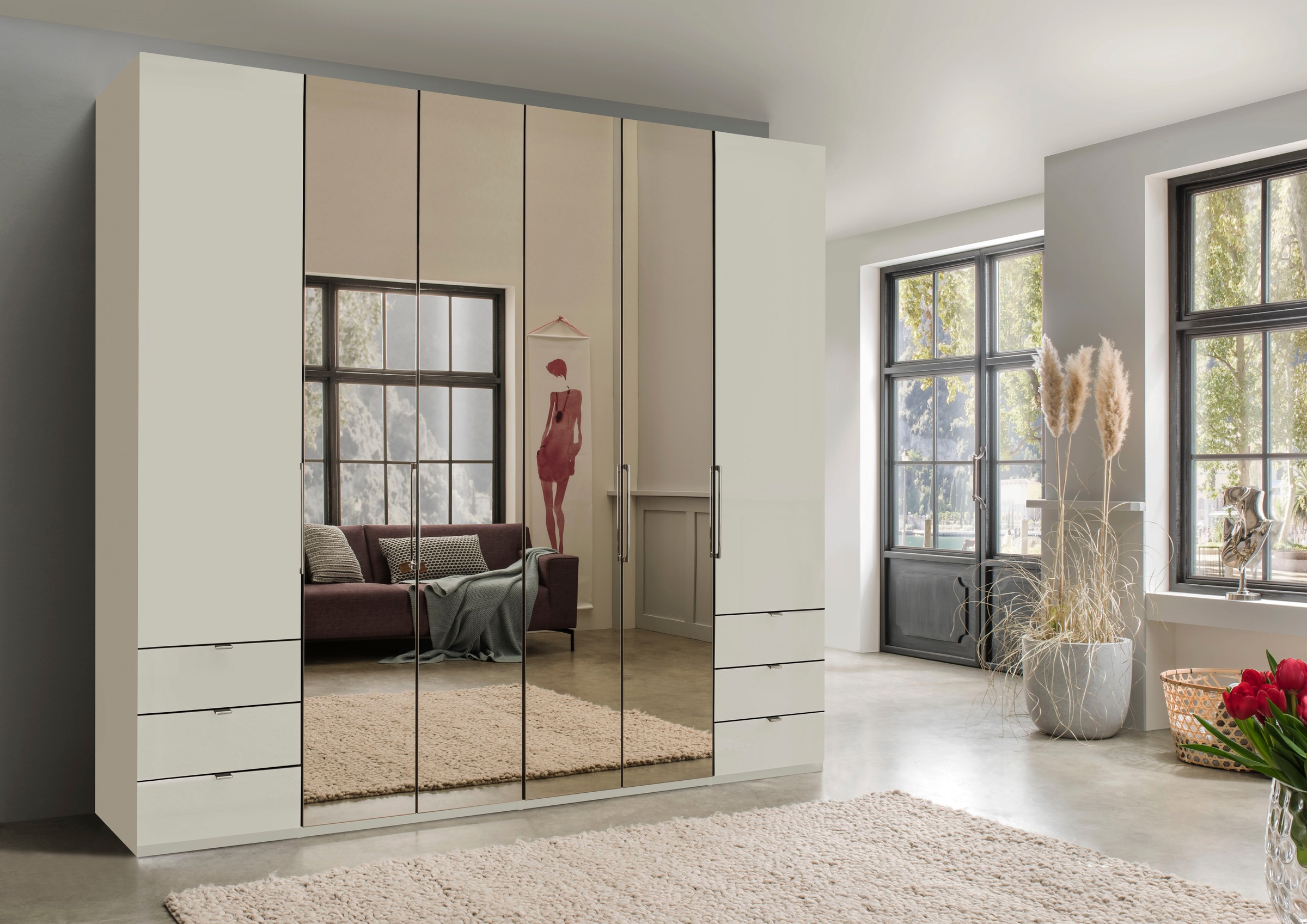 WIEMANN Falttürenschrank »Kansas, Kleiderschrank, Schrank, Wäscheschrank, mit Glas und Spiegel«, (2 Breiten, 2 Höhen 216/236 cm auswählbar, MADE IN GERMANY), inkl. gepämpften Schubkästen und Türen, mit Panoramaöffnung