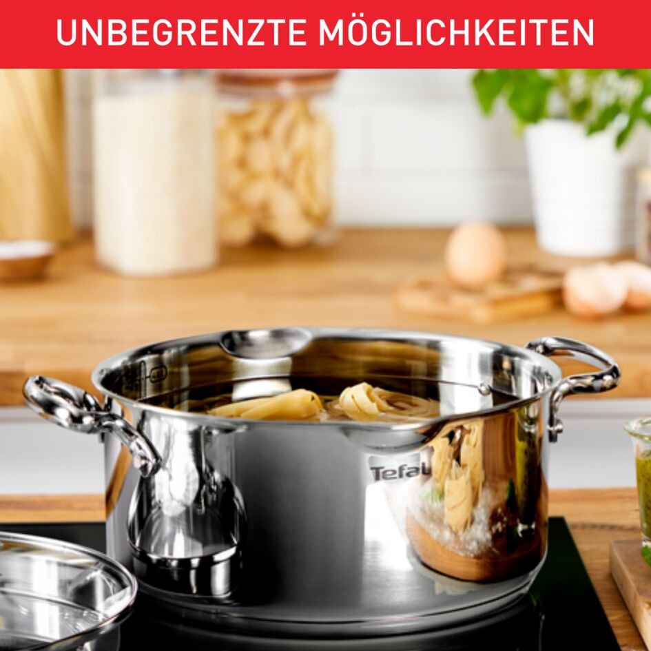 Tefal Topf-Set »Duetto+ G719S7« Set, Kochtopf mit Glasdeckel 16/20/24 cm, Stielkasserolle 16 cm, 7 Stk. tlg. Edelstahl 18/10