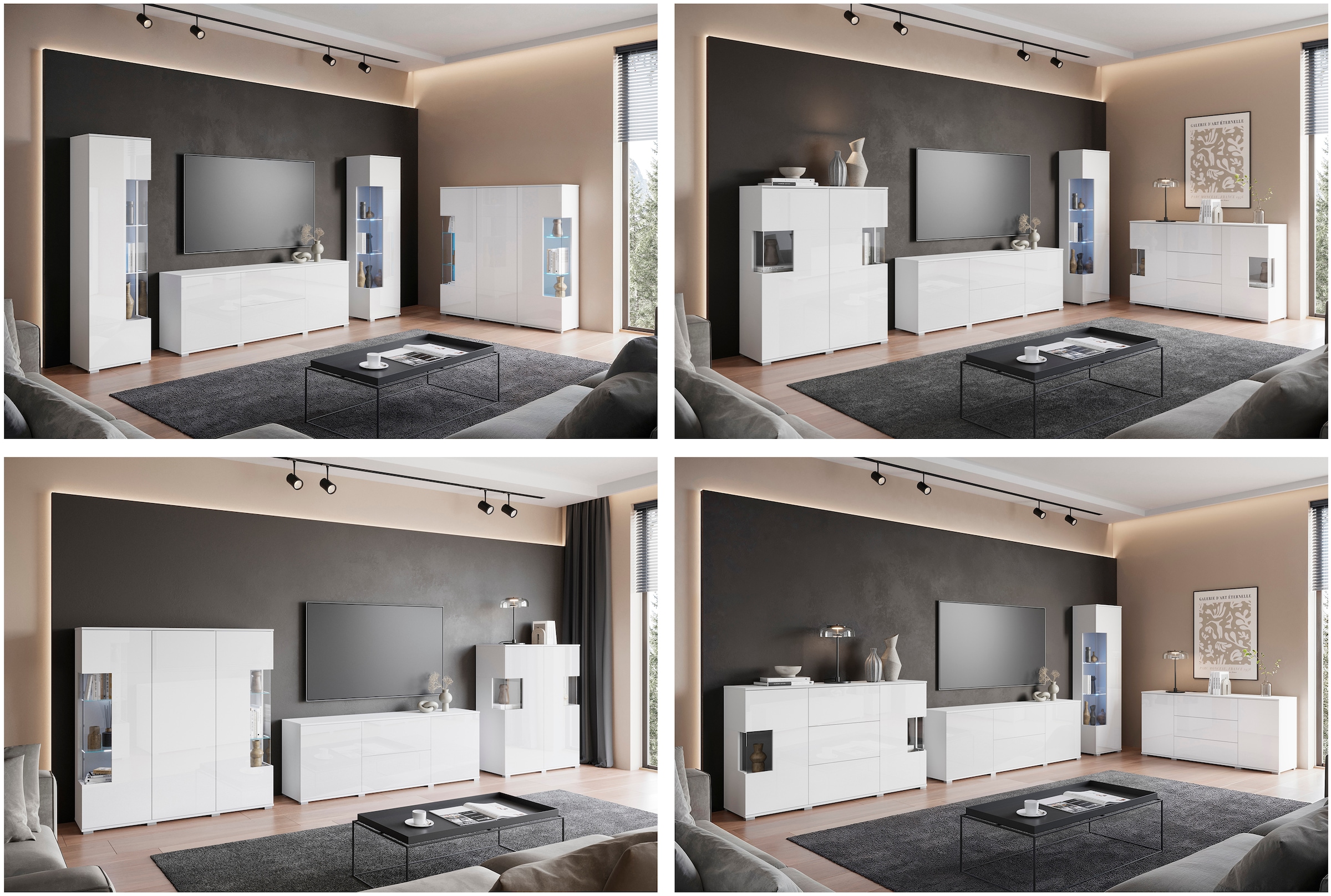 INOSIGN Wohnwand »Kenia, Vitrine Türanschlag links/rechts wechselbar«, (Komplett-Set, 2 St.), Vitrine mit Eckverglasung, hängend und stehend montierbar