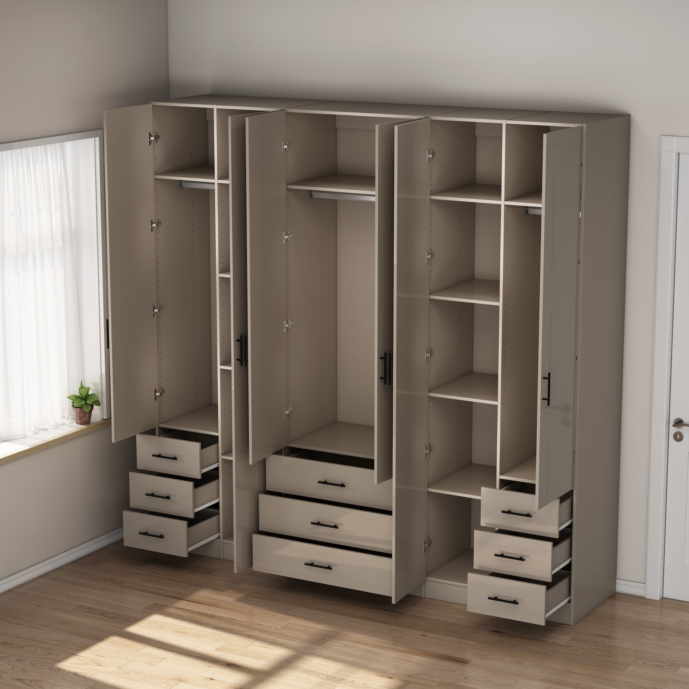 OTTO home Kleiderschrank »Trento Schlafzimmerschrank Garderobe hochglanz« in 2 unterschiedlichen Schrankhöhen wählbar,  Schrank mit 6 Türen und 9 Schubladen, Hochglanz-Fronten, 2,39m Höhe