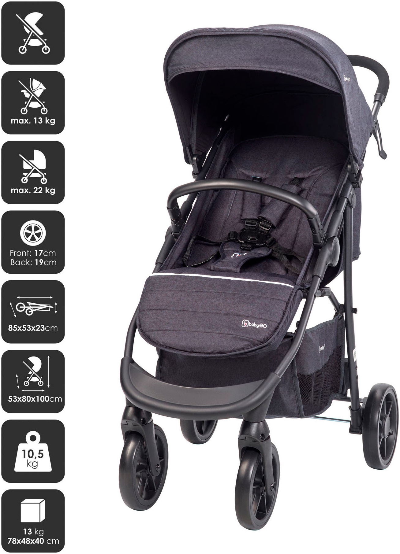 BabyGo Kombi-Kinderwagen »Style - 3in1, schwarz«, inkl. Babyschale mit Adaptern u. Wickeltasche