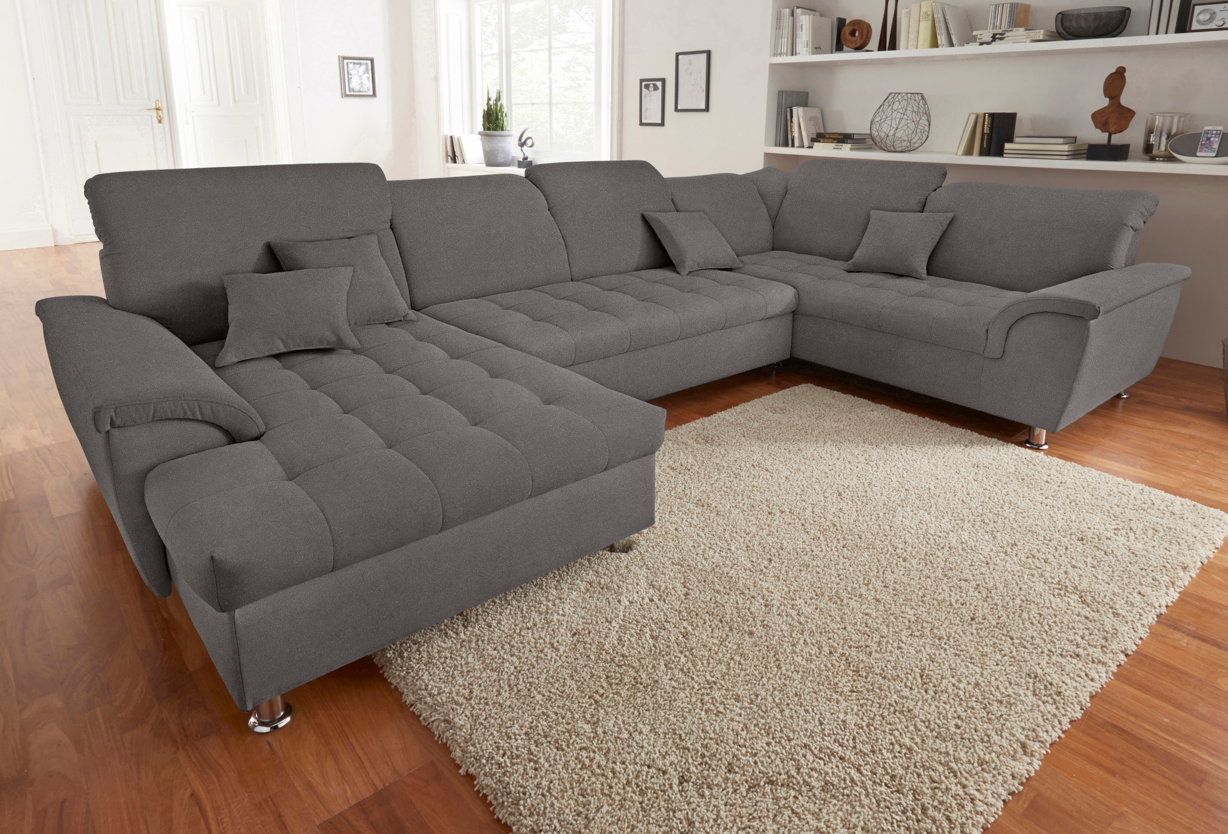 DOMO collection Wohnlandschaft »Franzi XXL-Format B/T: 352/214 cm, belastbar bis 140kg/ Sitz, U-Form«, Flachgewebe, grau