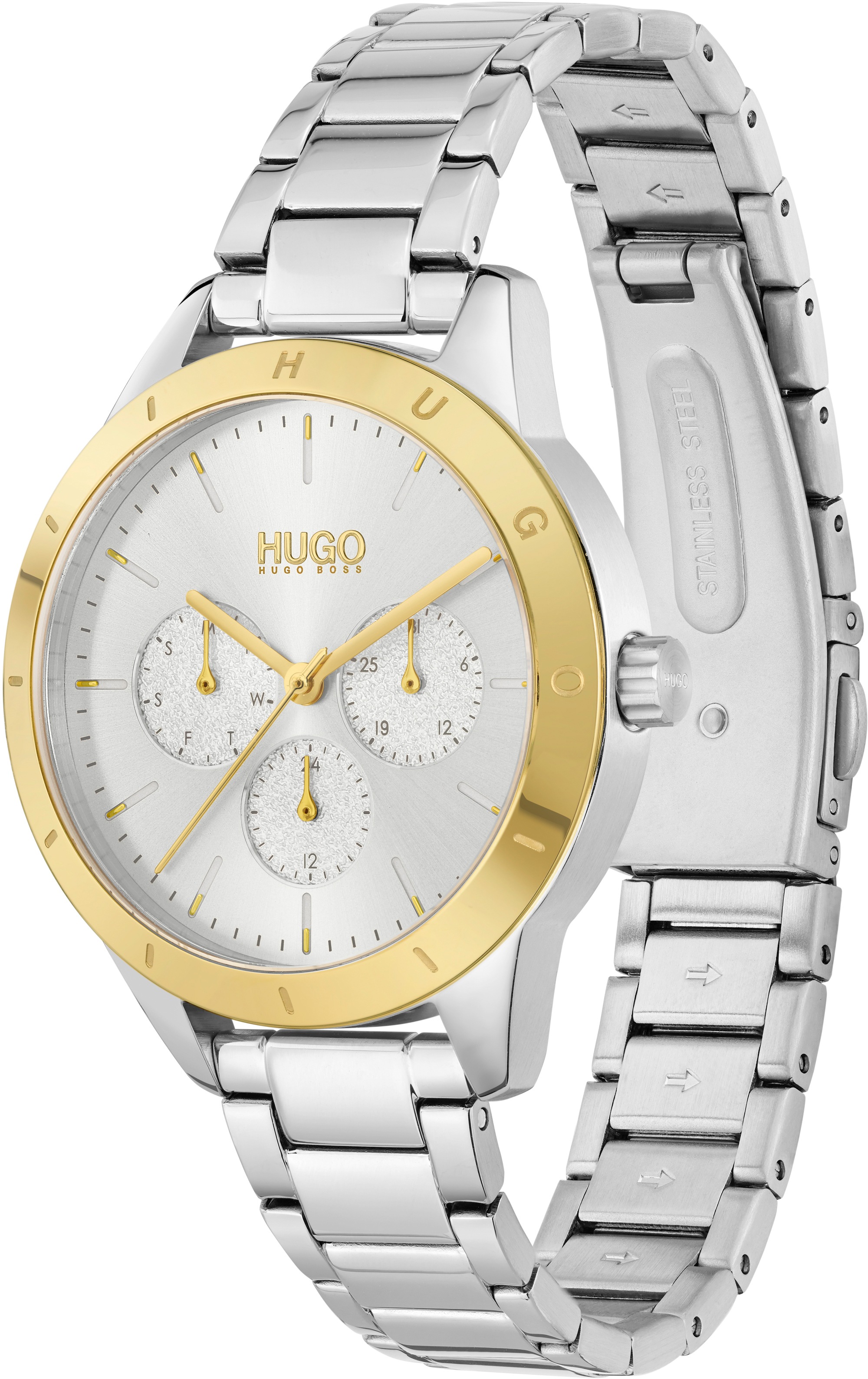 HUGO Multifunktionsuhr »#FRIEND«, Quarzuhr, Armbanduhr, Damenuhr, Datum, Edelstahlarmband