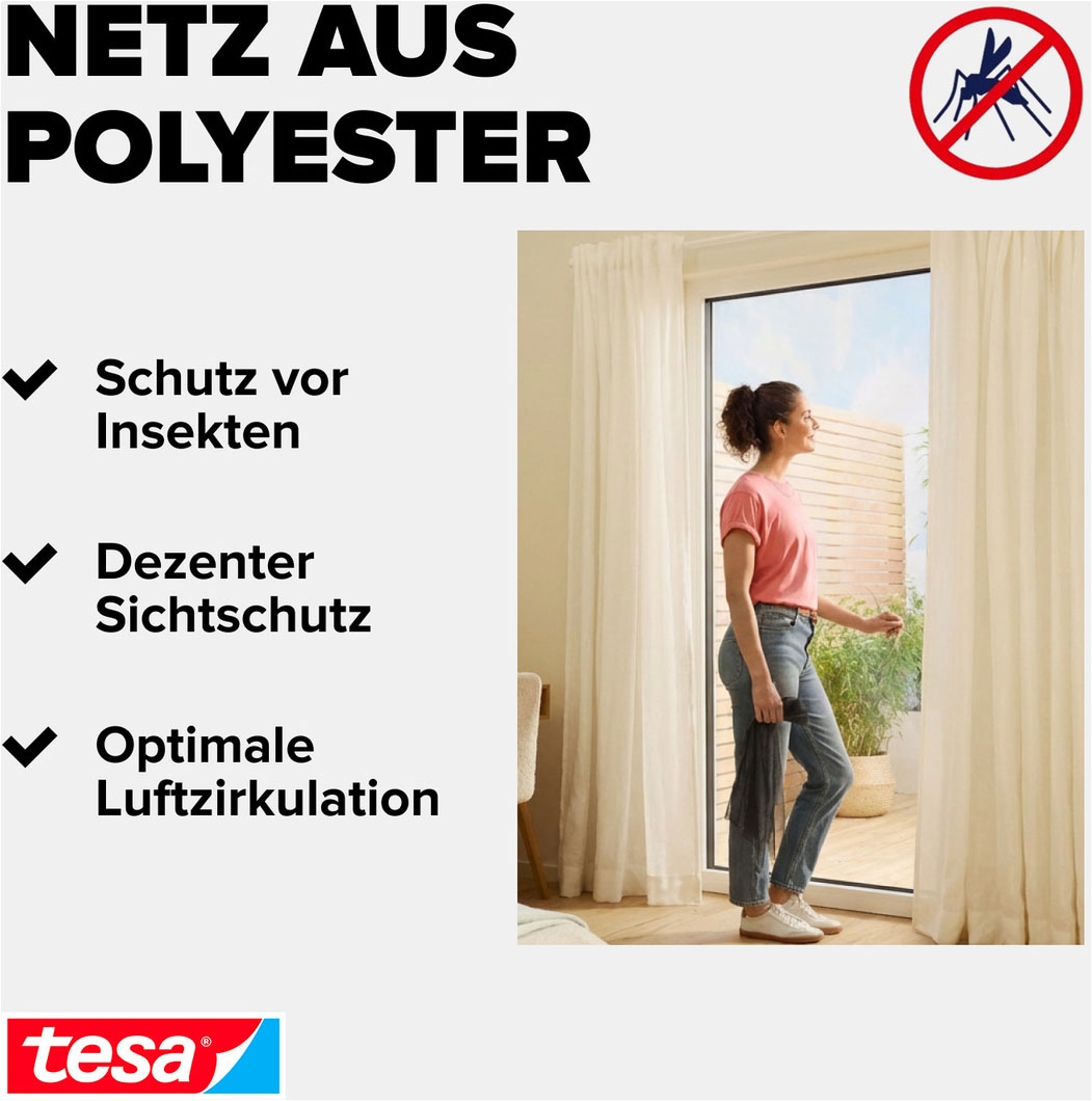 tesa Fliegengitter-Gewebe »Premium für Fenster, Insektenschutz mit Klettband - 120 x 240 cm« Packung, Fliegennetz, Klettband, Andrück und Schneidehilfe, 1 Stk. tlg. Mückenschutz mit starkem Klettband, rückstandsfrei entfernbar