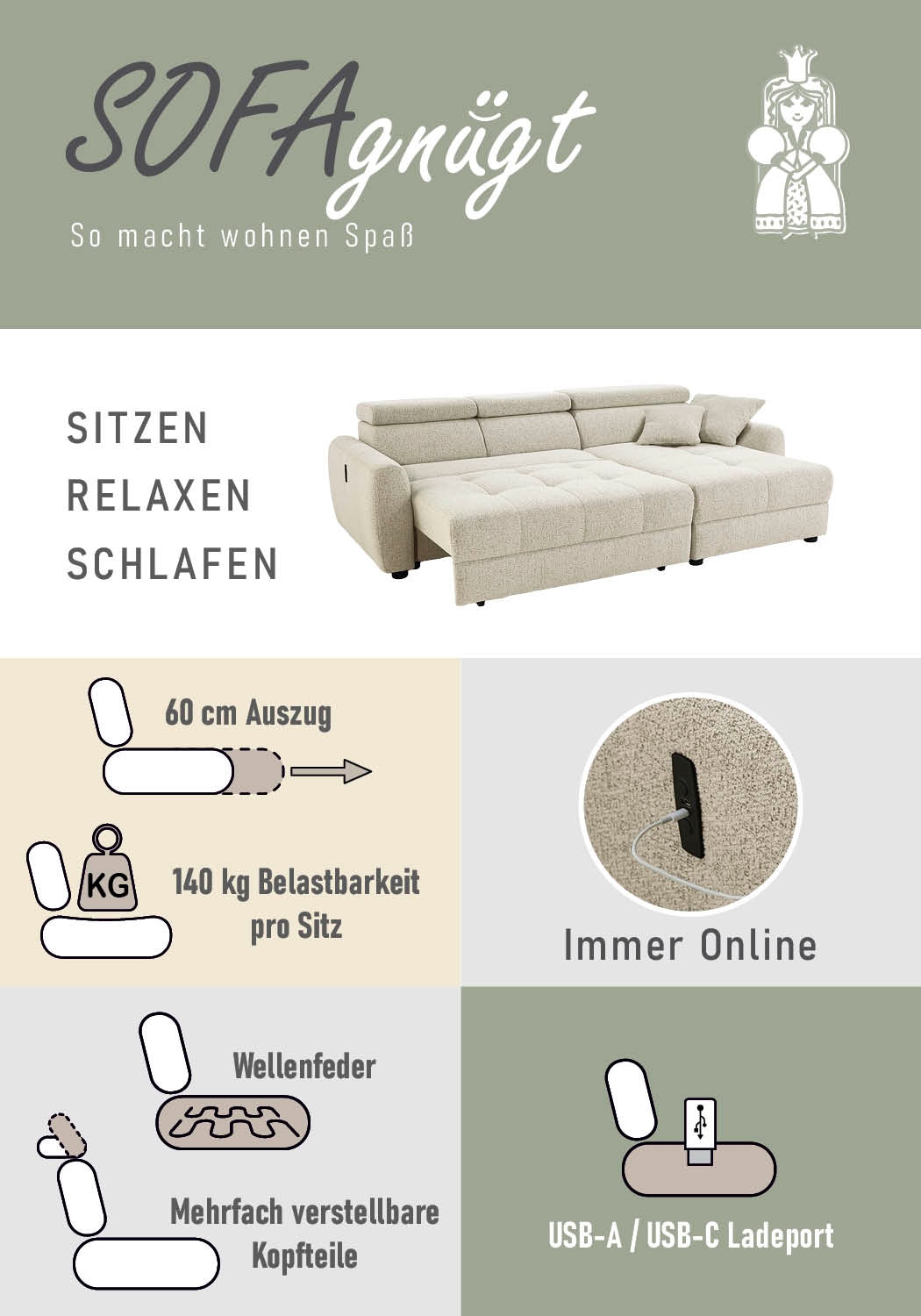 Jockenhöfer Gruppe Ecksofa »Move, L-Form, B: 270cm, mit 60 cm elektrischer Sitztiefenverstellung« 140kg Belastbarkeit je Sitz, Kopfteilverstellung & USB-Anschluss