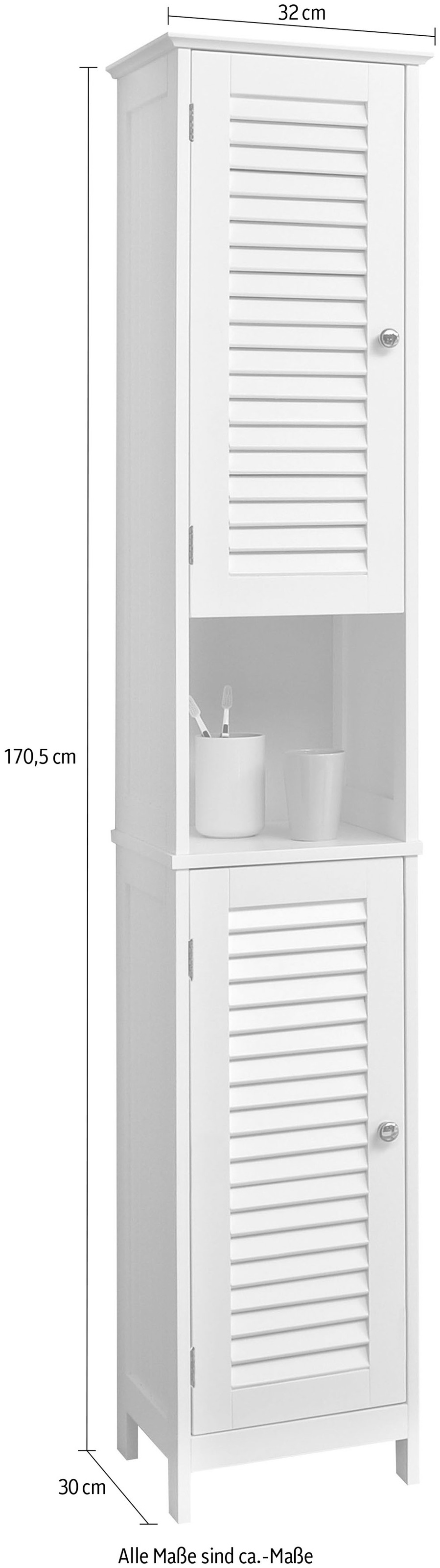 Saphir Hochschrank »Quickset 928 Badschrank 32 cm breit, 2 Türen, Nische, 3 Einlegeböden«, Badezimmer-Hochschrank, Weiß mit Knopfgriffen, Landhaus-Stil