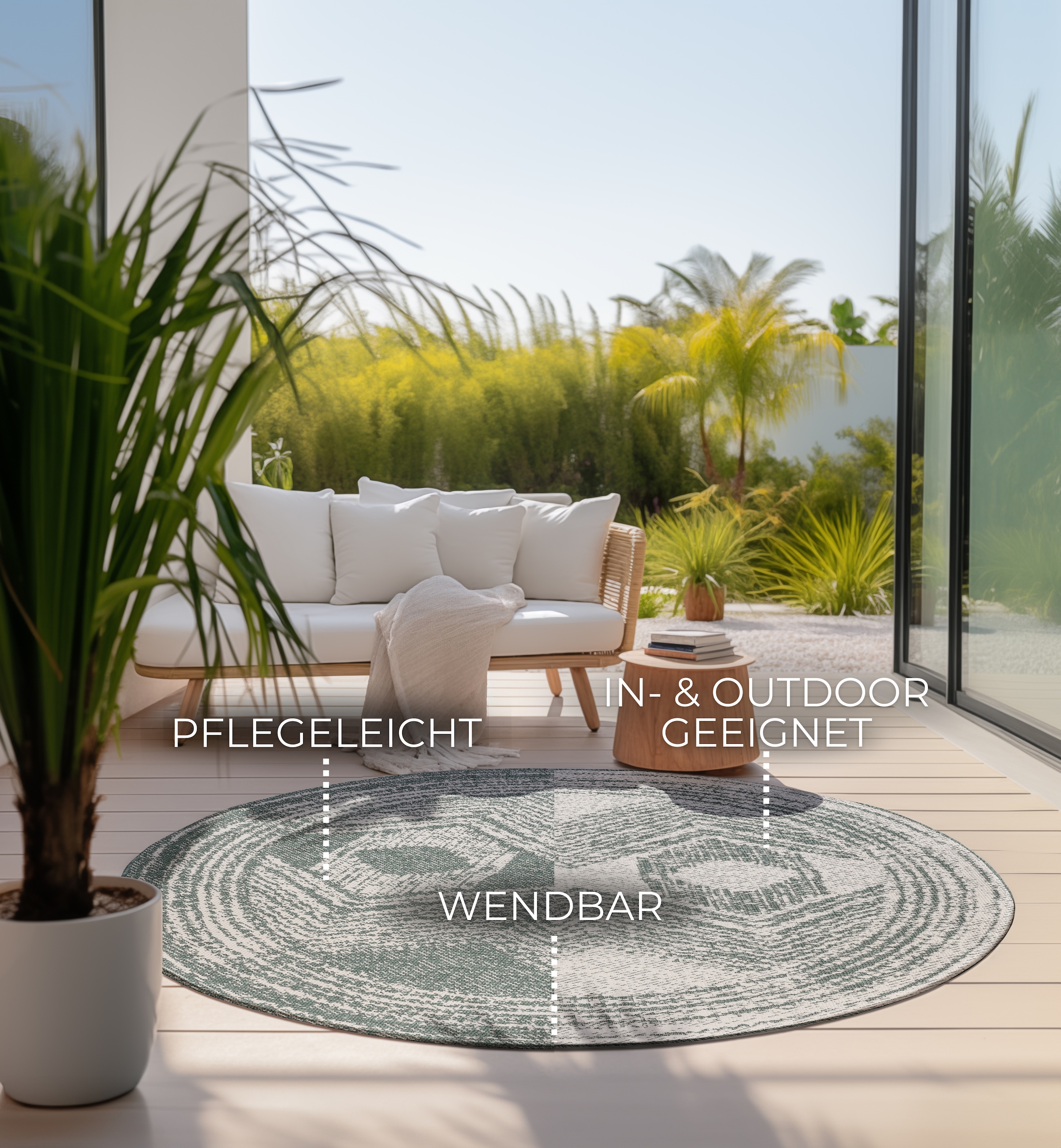ELLE DECORATION Teppich »Merge Wendeteppich«, rund, 5 mm Höhe, Flachgewebe, In-& Outdoor, Modern, beidseitig, Balkon, Wohnzimmer
