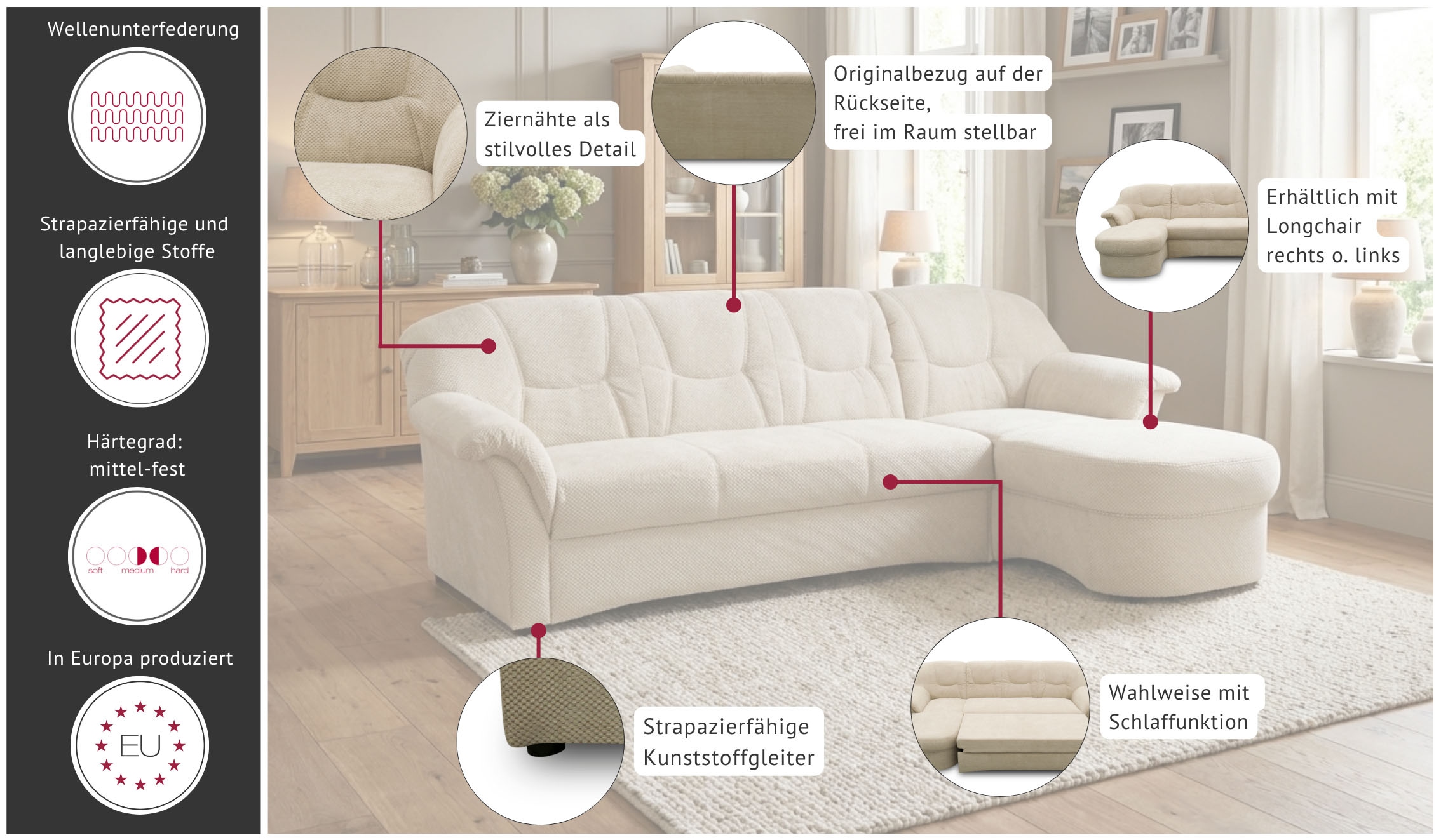 OTTO home Ecksofa »Langelland 232 x 146 cm, auch mit Schlaffunktion, mittelfester Sitz« L-Form, mit Federkern, pflegeleichter, weicher Luxus-Microfaser