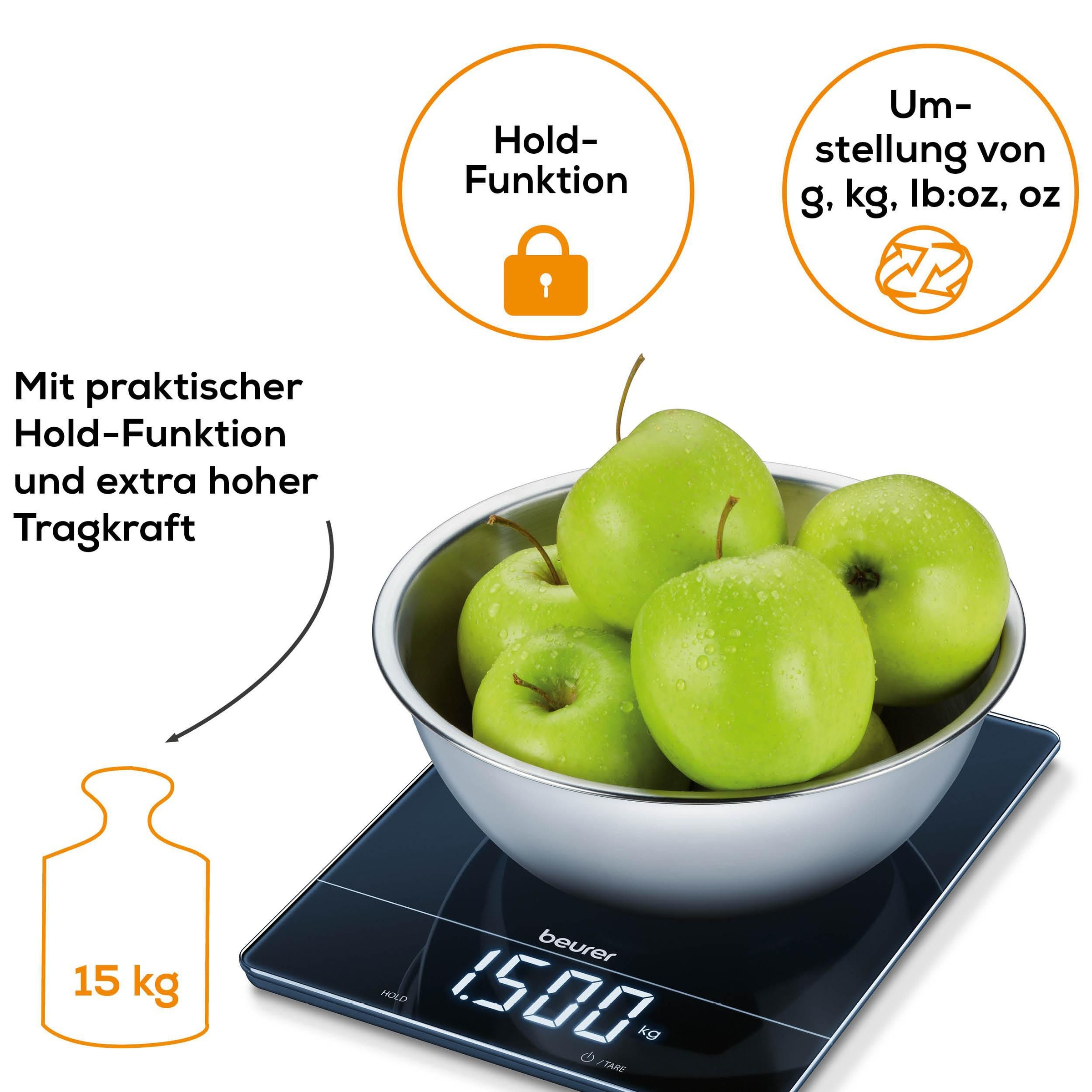 BEURER Küchenwaage »KS 34 mit Tara-Zuwiegefunktion«, Mit modernen Sensortasten, Display erscheint nur während Messung