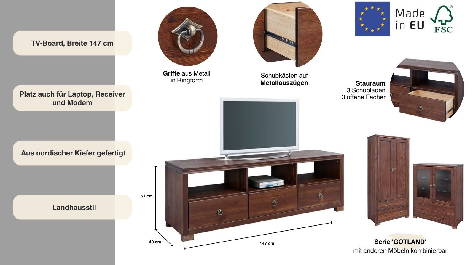 Home affaire TV-Board »Gotland«, Breite 147 cm, mit Schubladen und offenen Fächern, Massivholz, FSC®