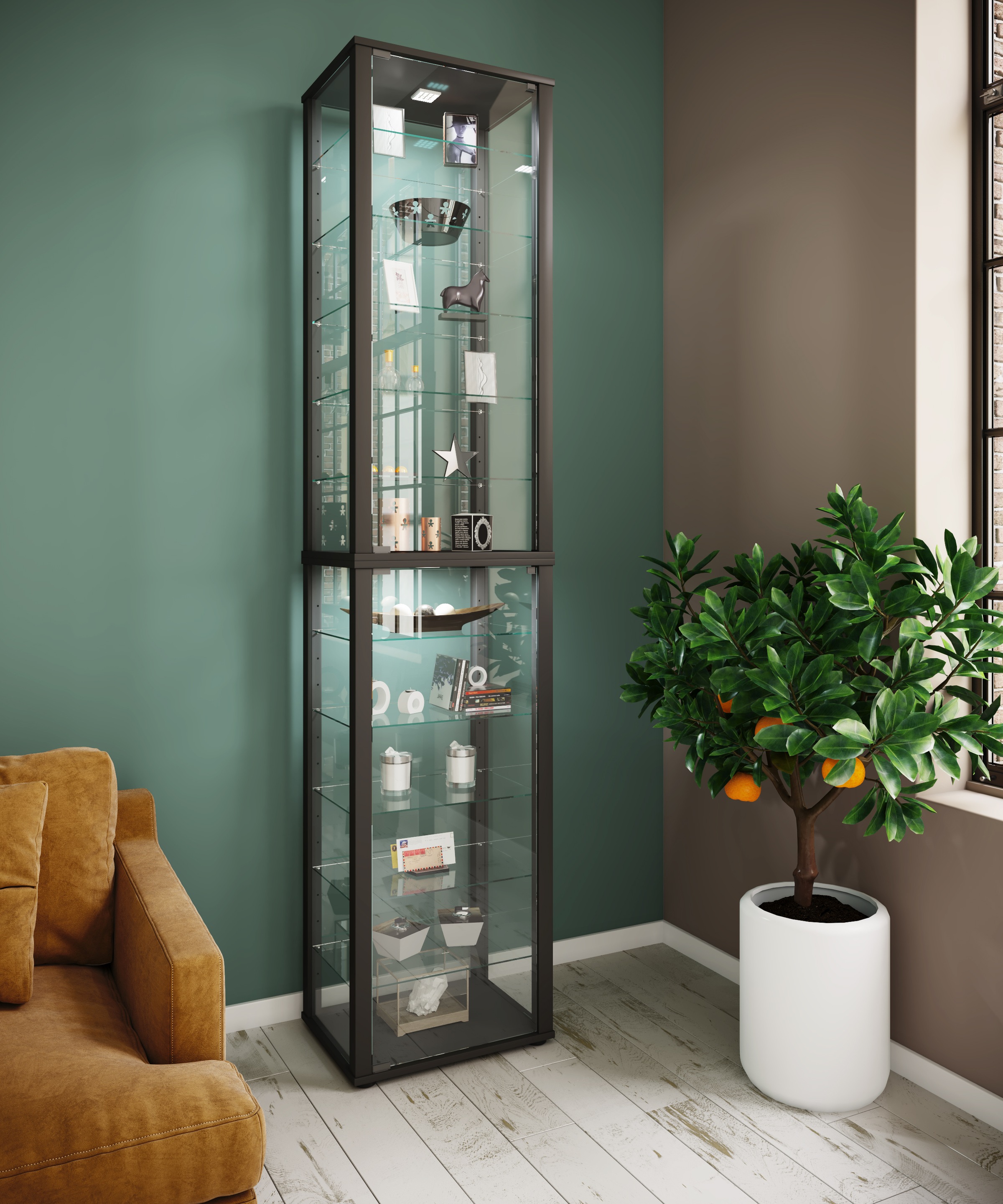 VCM Vitrine »VCM Glasvitrine stehend | Vitrine Glas mit ESG-Sicherheitsglas | Maße ca. H. 227 x B. 50 x T. 38 cm | Standvitrine Glas | Modern und platzsparend | Glas Vitrinenschrank ¿ Kavisa XXL«, (1 St.)