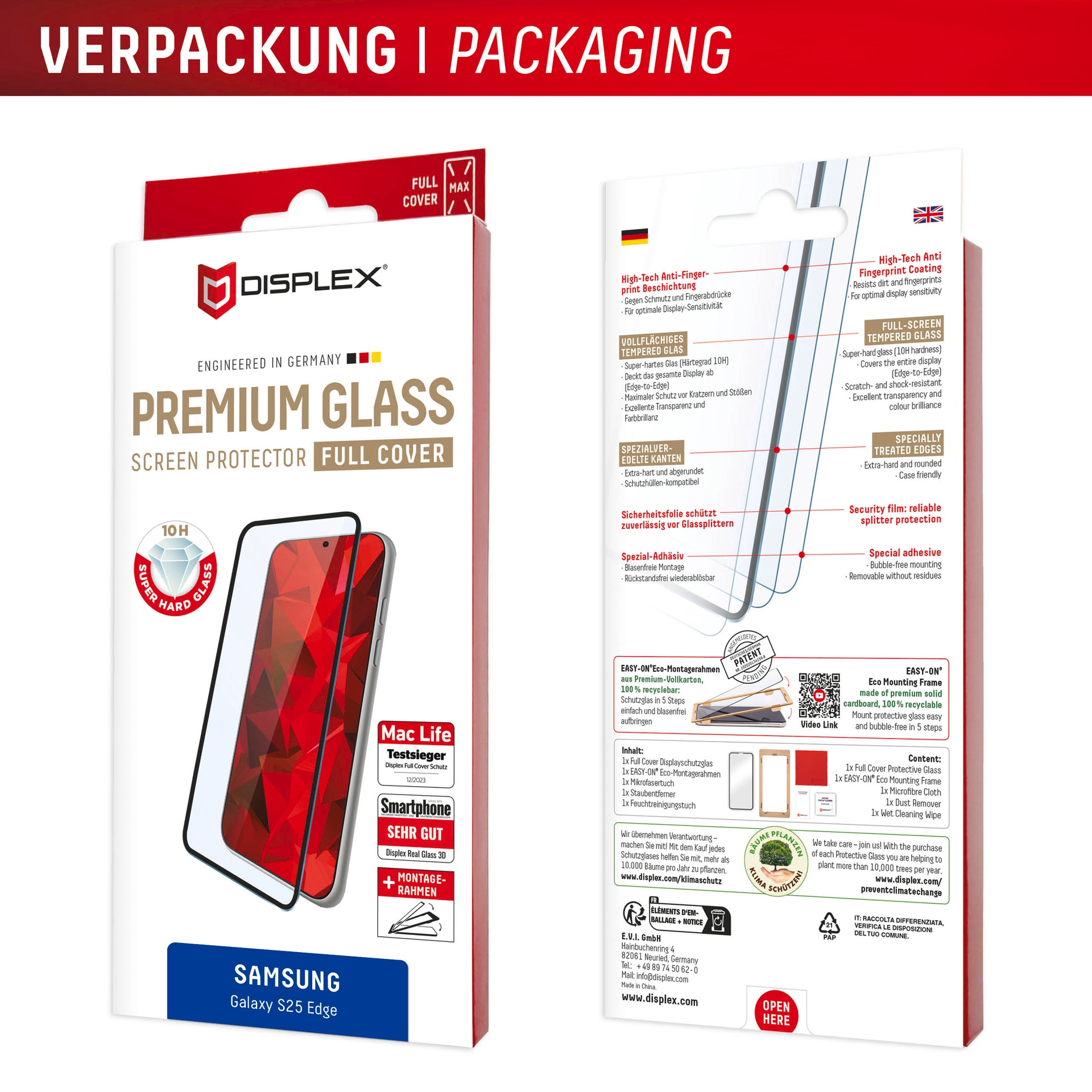Displex Displayschutzglas »Premium Glass Screen Protector (Full Cover)« für Samsung Galaxy S25 Edge Displayschutzfolie, Schutzfolie, Bildschirmschutz, kratz- & stoßfest