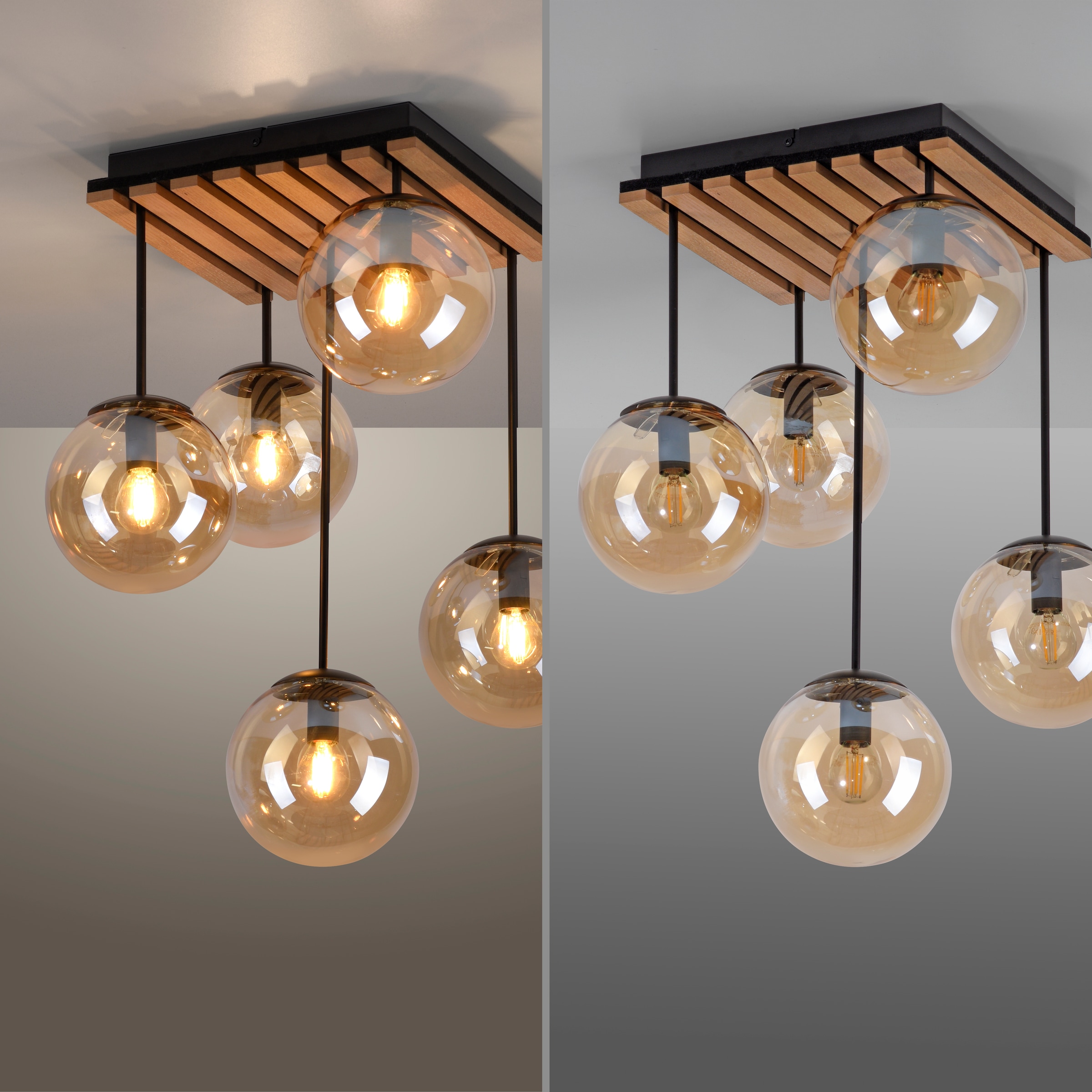 Leonique Deckenleuchte »Erinette Akustikpaneele mit Glaskugeln«, 5 flammig, Leuchtmittel E14 | ohne Leuchtmittel-Leuchtmittel wechselbar, Holz, Akustik, Paneele, Glas, Deckenlampe E14