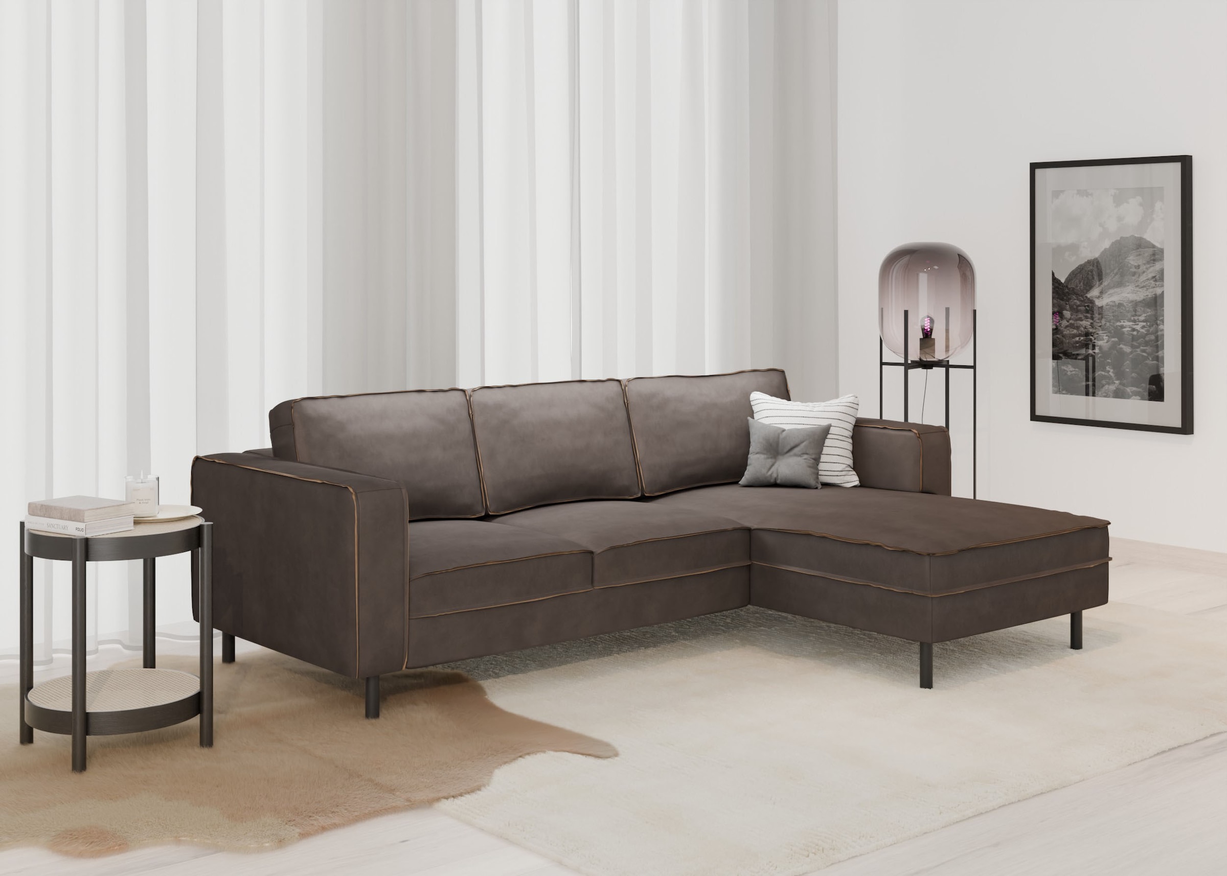 Places of Style Ecksofa »Watkins, wahlweise mit Schlaffunktion/Bettkasten, moderne offene Naht«, Recamiere beidseitig montierbar, L-Form, Breite 232 cm