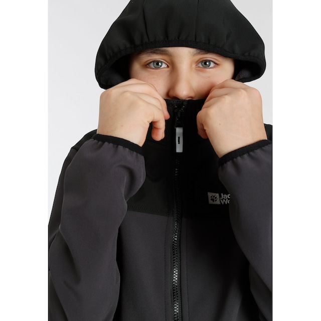 Jack Wolfskin Softshelljacke »FOURWINDS JACKET KIDS«, mit Kapuze, mit  farblich abgesetzten Details bei