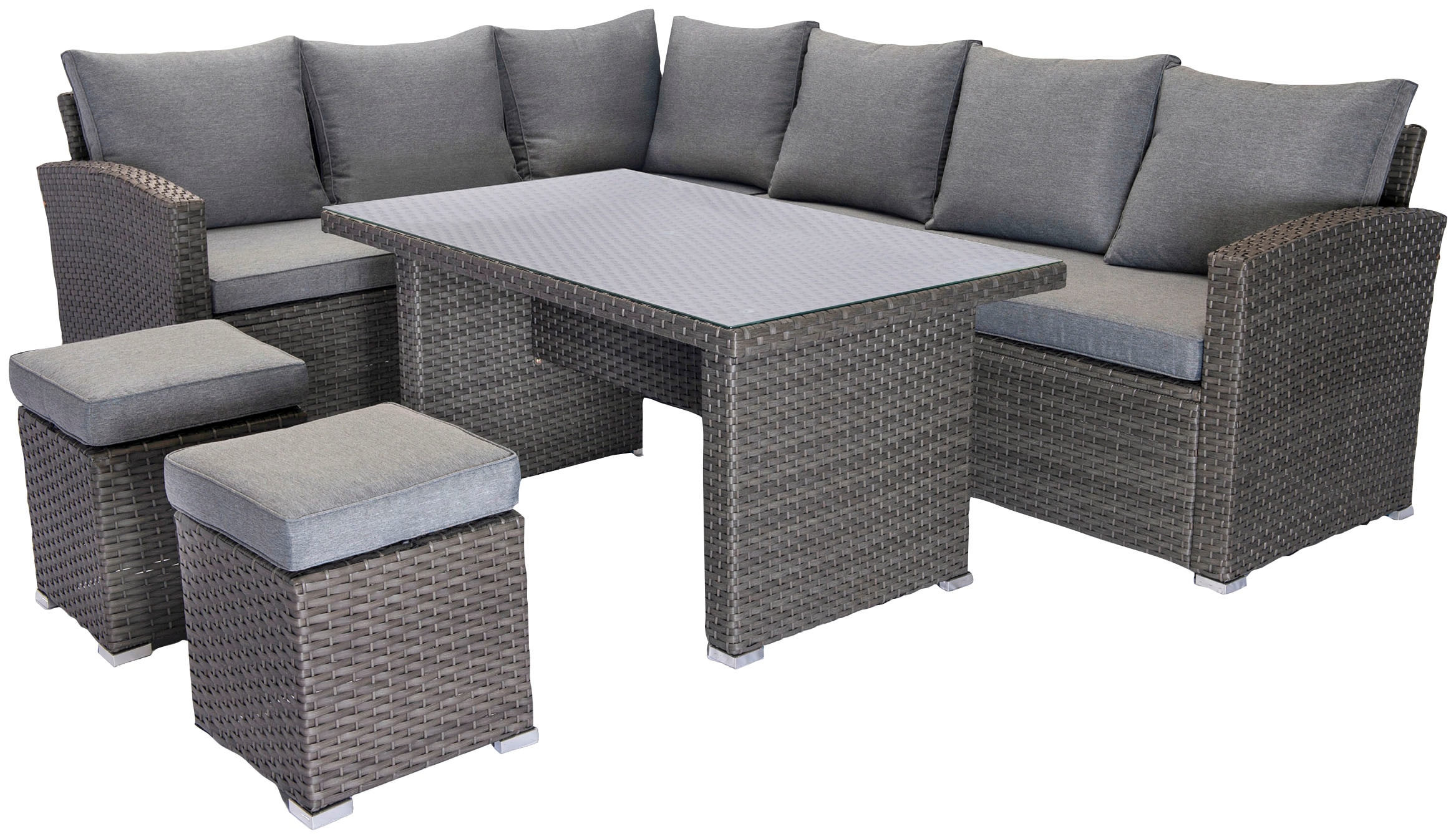 KONIFERA Gartenlounge-Set »London«, (Set, 17 tlg., 2x3er Sofa, 2x Hocker, 1x Tisch 140x80x66cm, inkl. Auflagen), inkl. Schutzhülle, Aluminium, Polyrattan