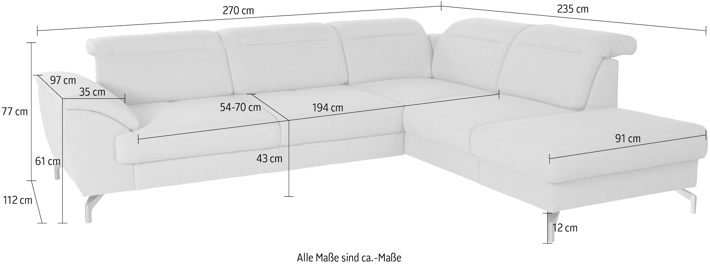 sit&more Ecksofa »Percy L-Form« 12 cm Fußhöhe, Sitztiefenverstellung, wahlweise in 2 Fußfarben