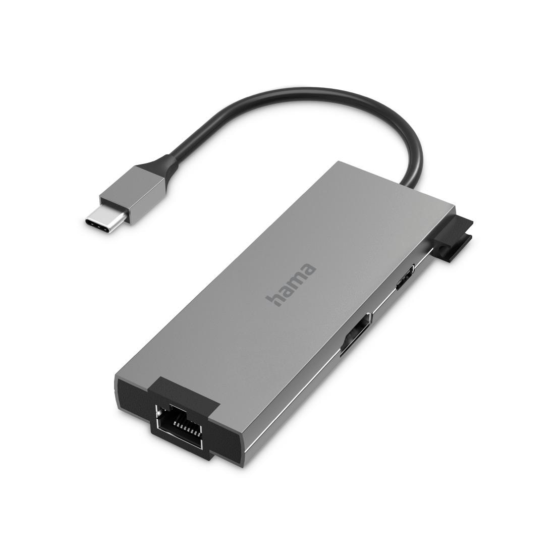 Hama USB-Adapter »USB-C Multiport Hub für Laptop mit 5 Ports, USB-A, USB-C, HDMI, LAN«, USB-C zu USB Typ C-USB Typ A-HDMI-RJ-45 (Ethernet), 15 cm, Laptop Dockingstation, kompakt, robustes Gehäuse, silberfarben