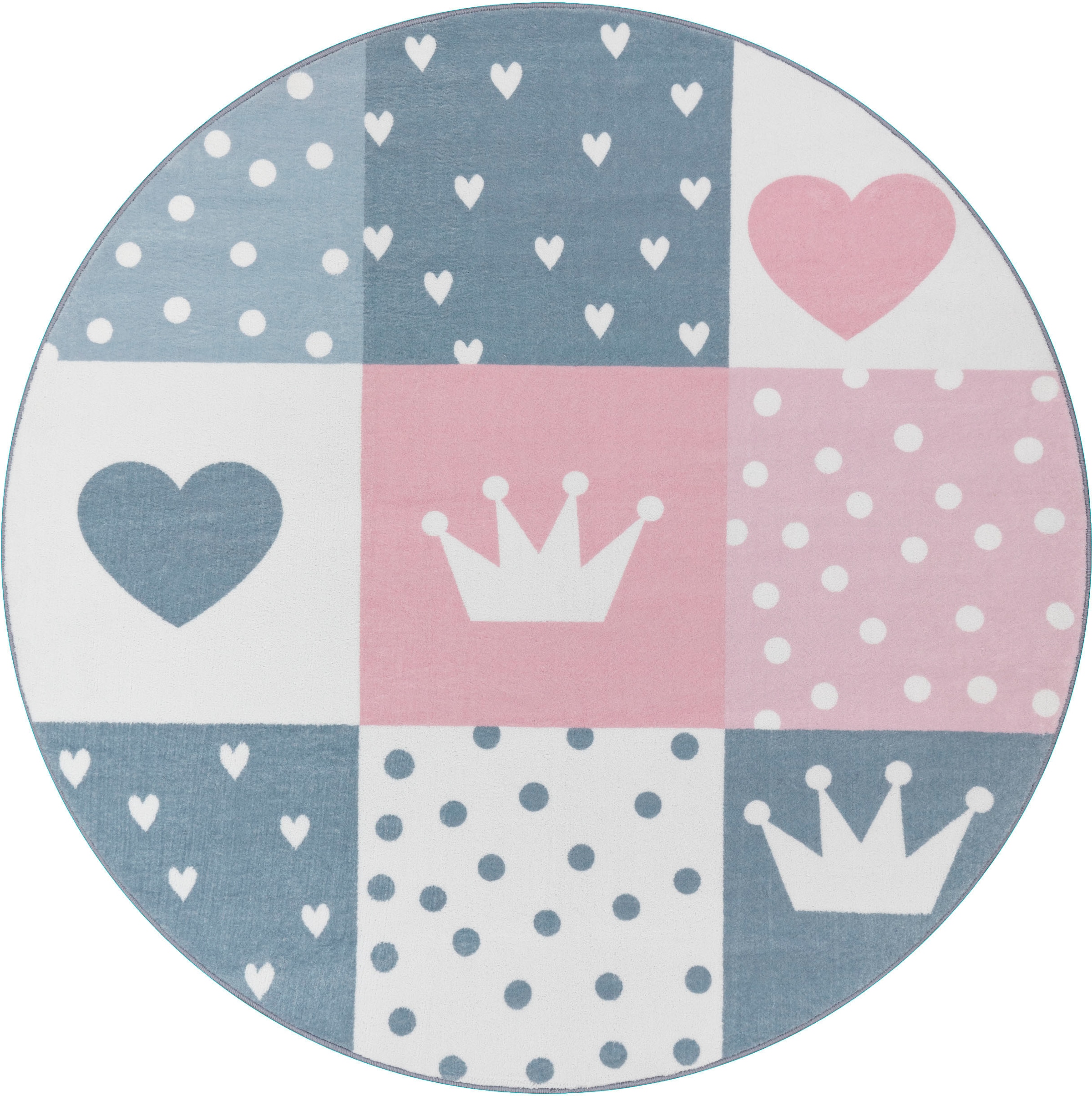 Paco Home Kinderteppich »Eliz 391«, rund, 12 mm Höhe, Kurzflor, Spielteppich, Patchwork-Muster, Motiv Krone, Herz & Punkte