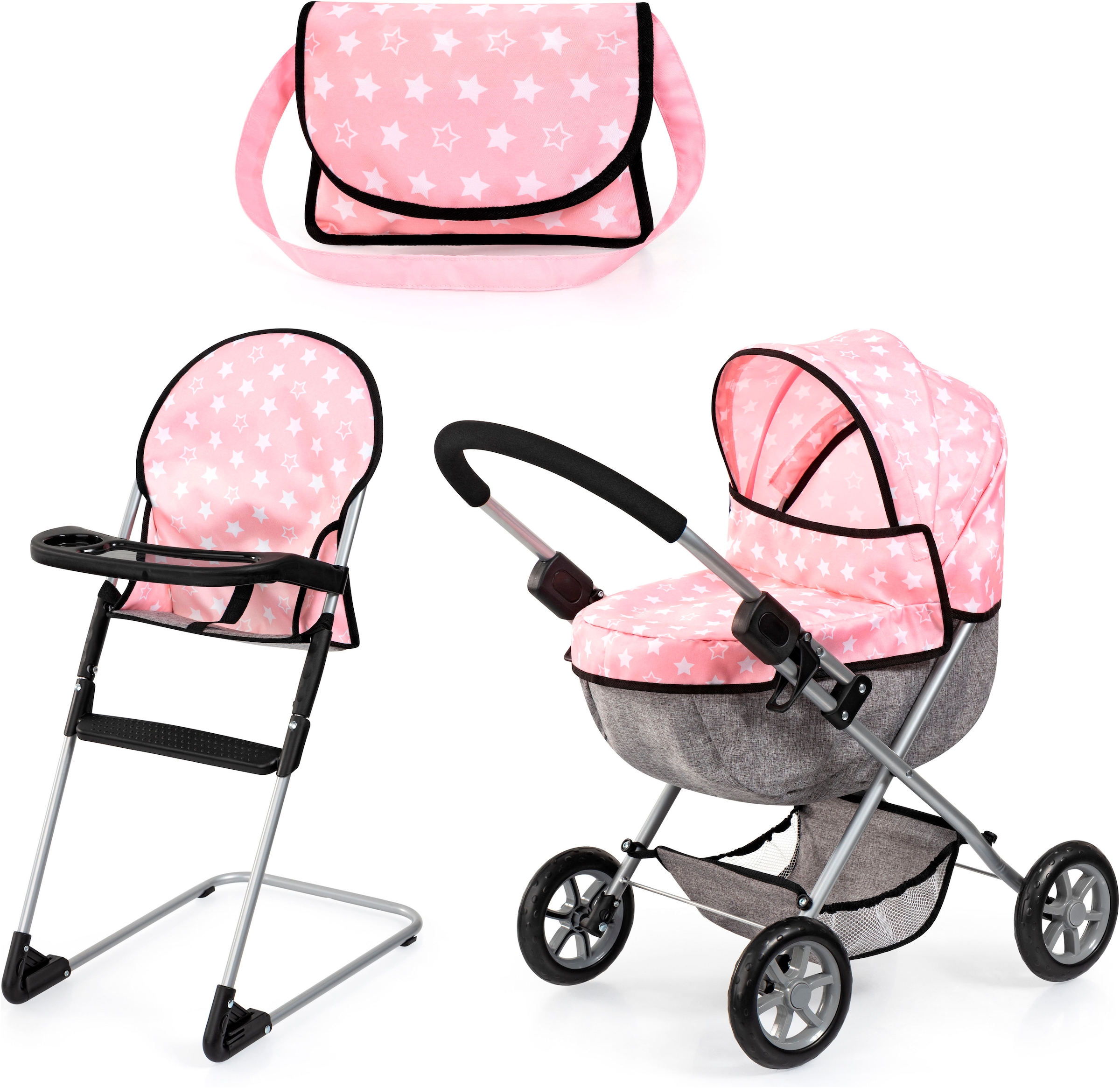 Puppenwagen »Cosy Set, rosa«, mit Puppenhochstuhl und Wickeltasche