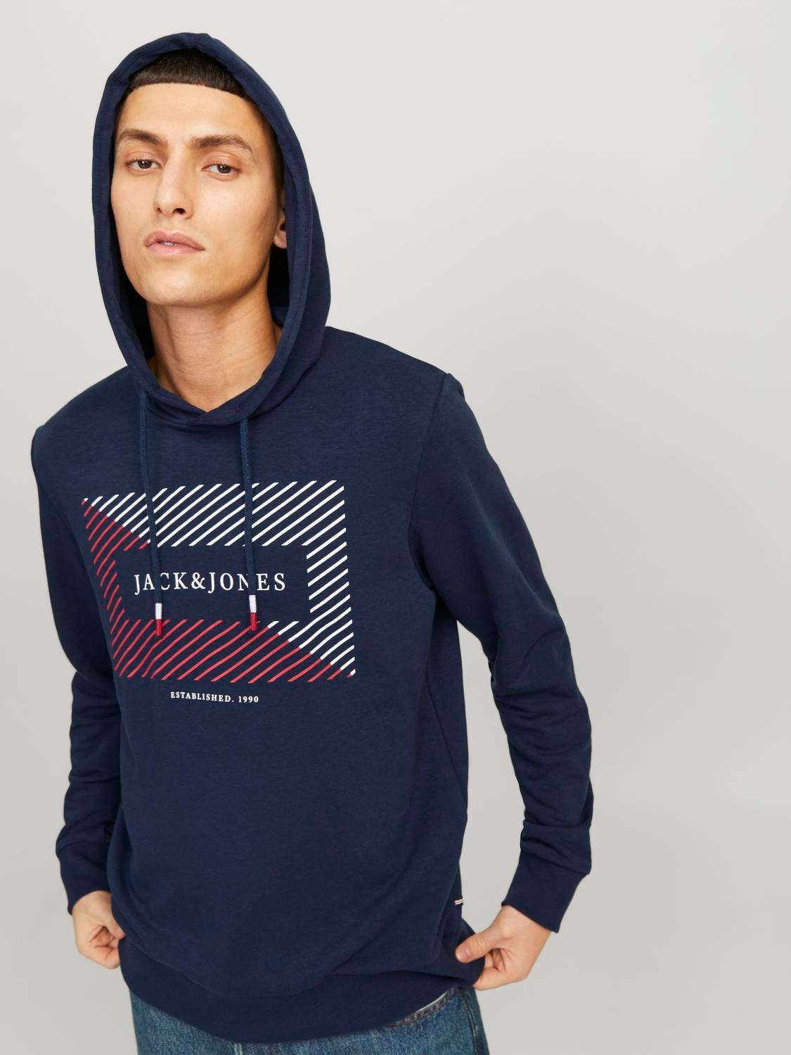Jack & Jones Hoodie »JJCYRUS SWEAT HOOD: Komfortable Baumwollmischung mit coolem Gummidruck«, (Lässiger Hoodie: Basic Schnitt & peppiger Aufdruck), Vielseitiges Sweatshirt: Angenehme Sweatware