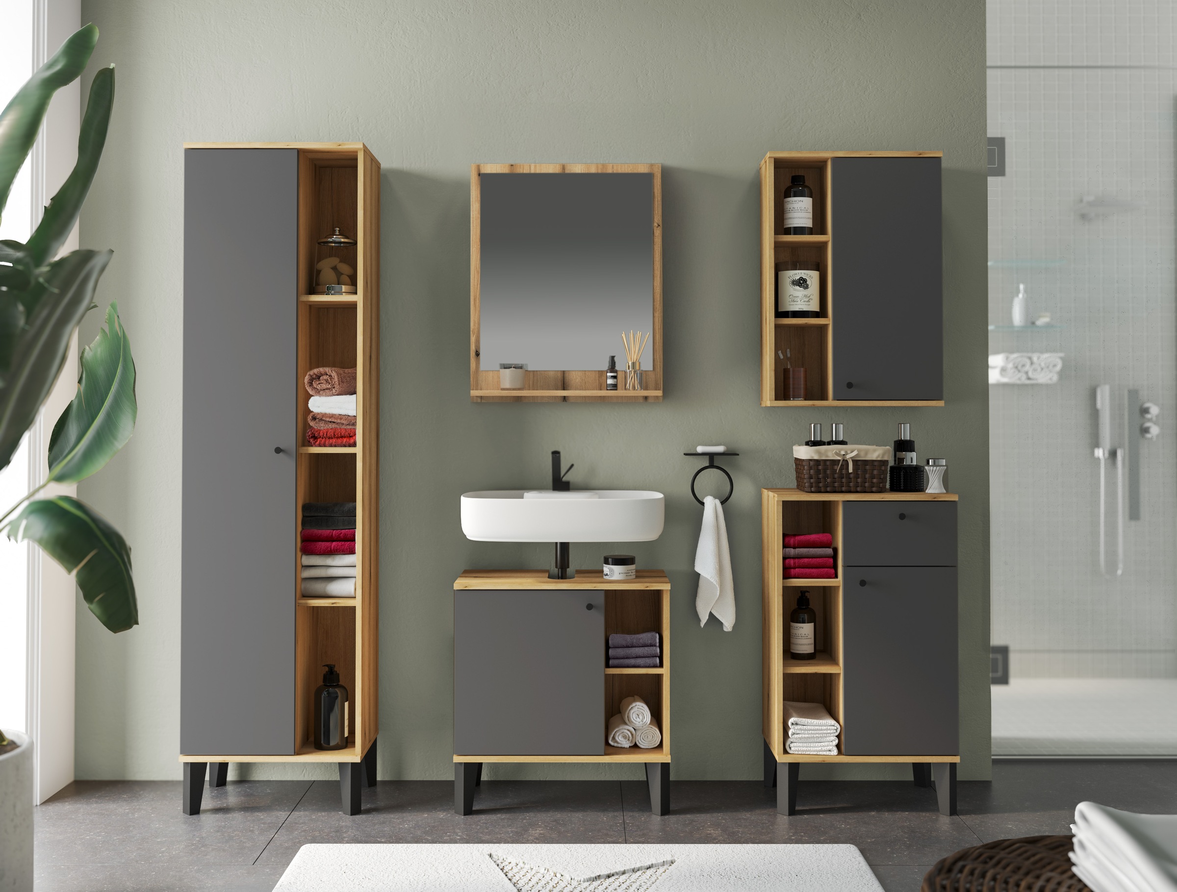 INOSIGN Midischrank »Oslo, Badschrank mit Knopfgriff, Schrank im skandinavischen Design«, in der Türfarbe Weiß oder Grau verfügbar, ausreichend Stauraum
