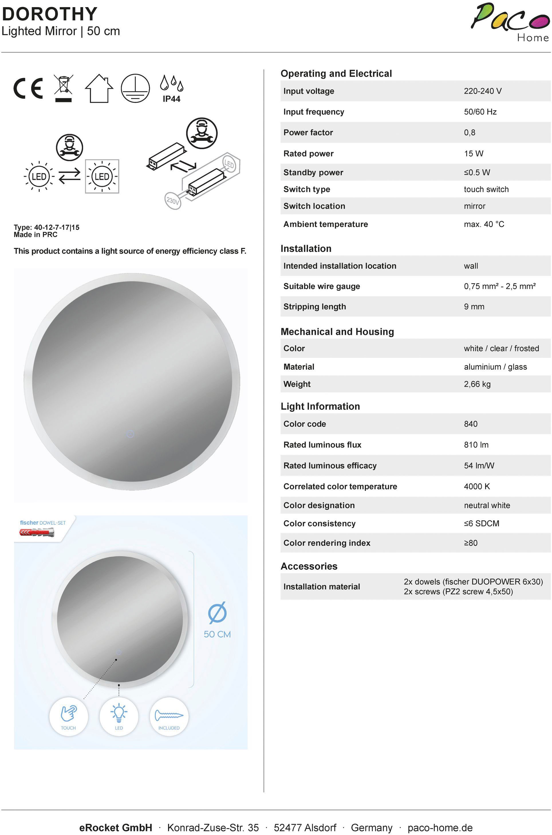 Paco Home Wandleuchte »DOROTHY«, Spiegel LED Backlight Rund 50cm Touch-Schalter Wandspiegel Modern
