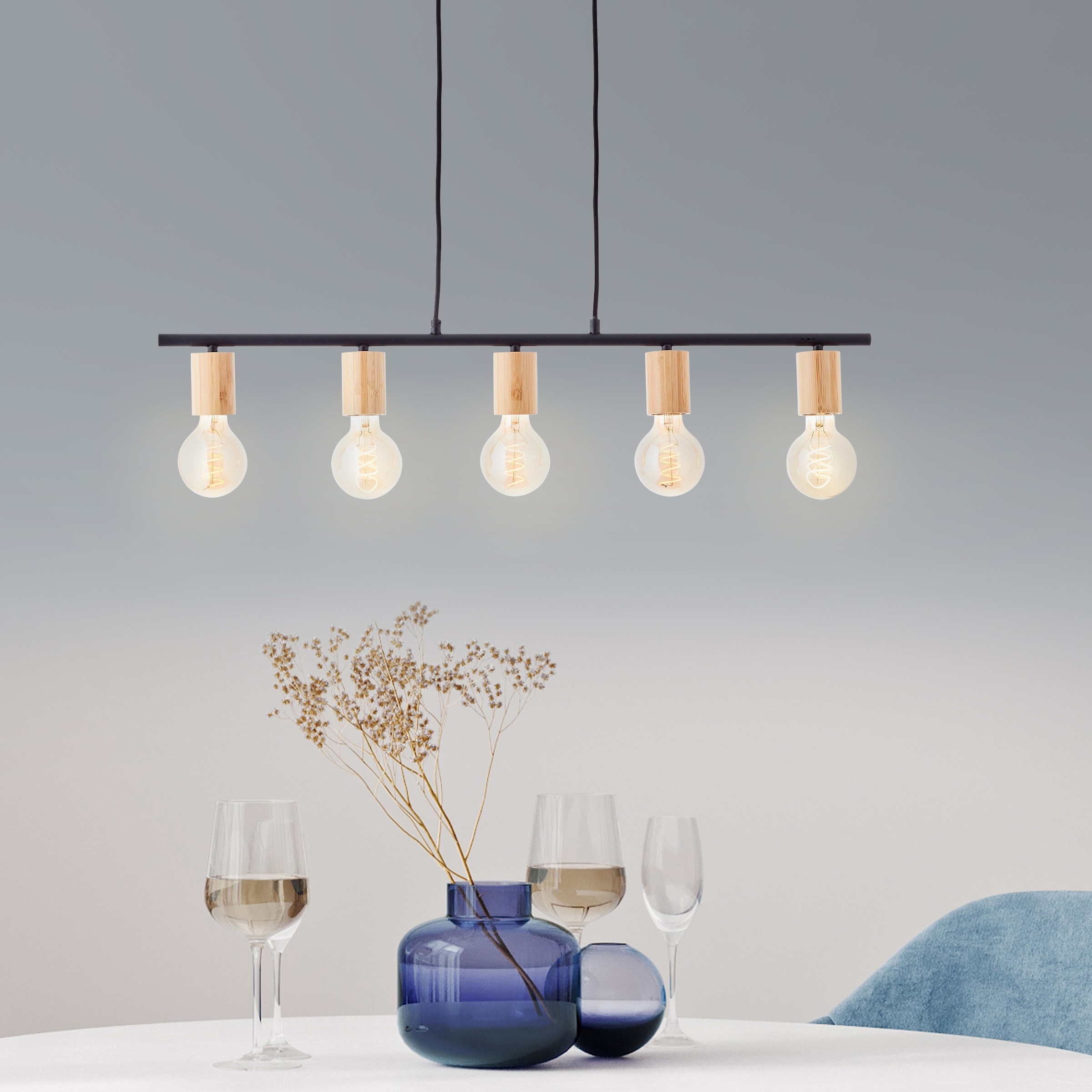 Brilliant Pendelleuchte »Kerry«, 5 flammig, Leuchtmittel E27 | ohne Leuchtmittel, 113 x 80 x 5 cm, 5 x E27, kürzbar, Metall/Bambus, schwarz/natur