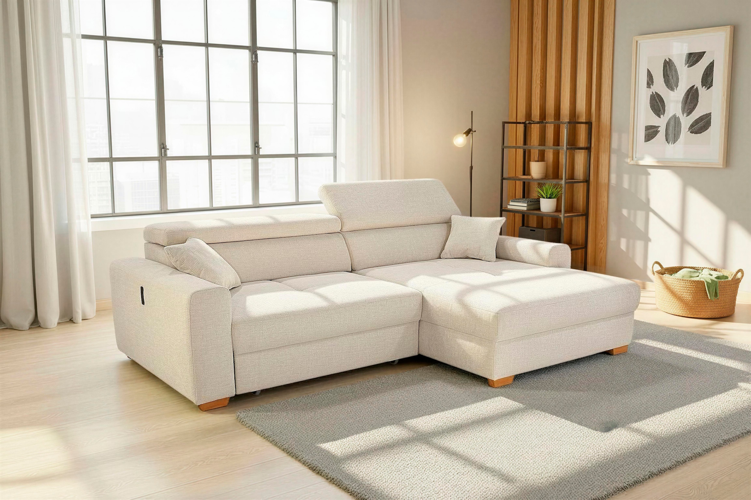 Jockenhöfer Gruppe Ecksofa "Slider L-Form, B: 277 cm Couch, 60cm elektrische Sitztiefenverstellung" 140kg Belastbarkeit, USB-Anschluss, Kopfteilverstellung & Zierkissen
