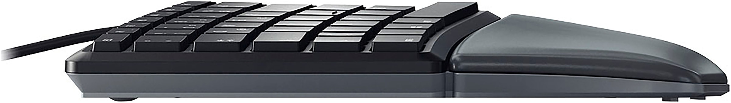 Cherry Tastatur »KC 4500 ERGO Kabelgebundene Ergonomische Tastatur, Schwarz, USB« (Fn-Tasten | Funktionstasten | Handgelenkauflage | Lautstärkeregler | Multimedia-Tasten | Ziffernblock | ergonomische Form | verstellbare Füße)