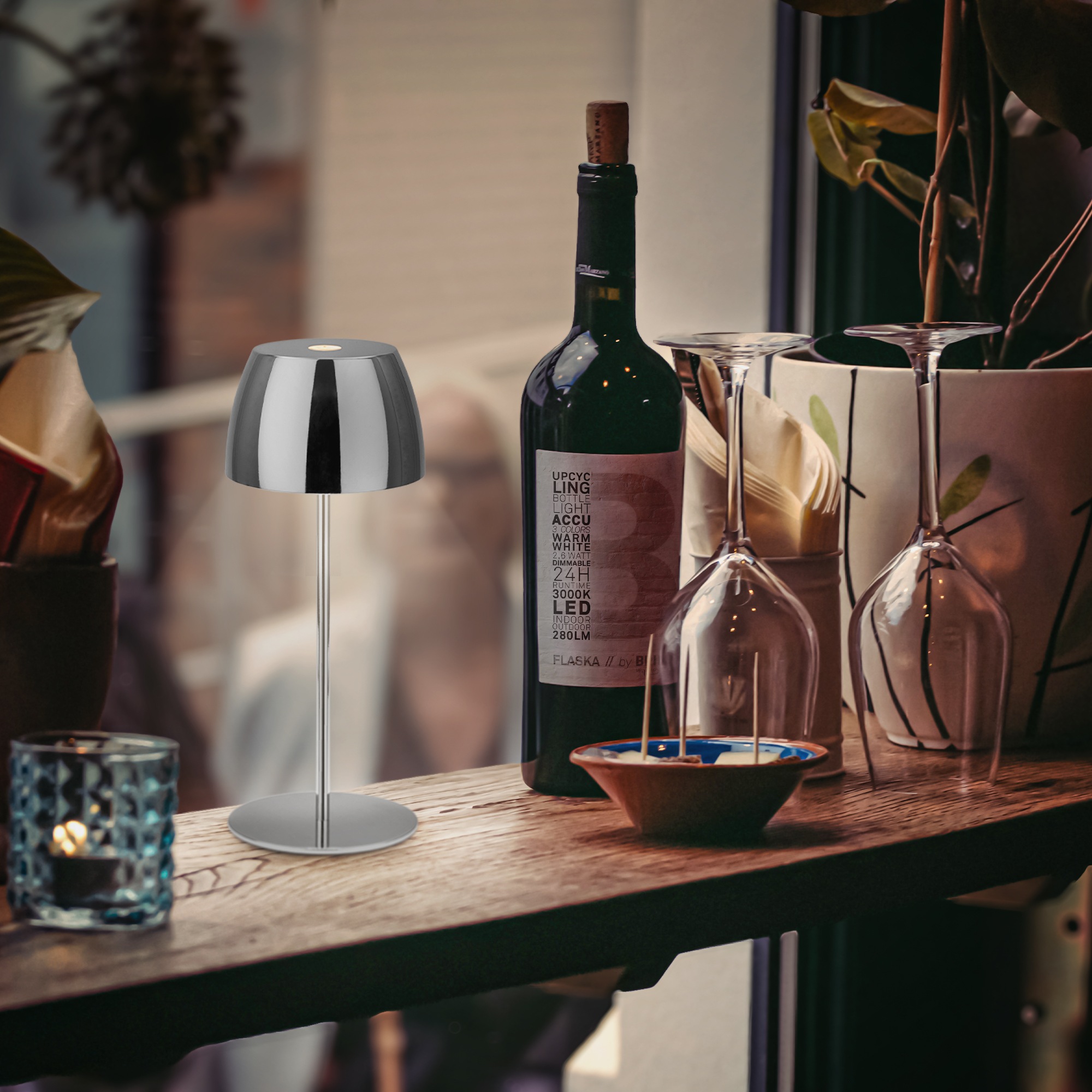 Briloner Leuchten LED Außen-Tischleuchte »SERINA MINI« LED-Modul 2 Stk. Warmweiß kabellos 20 x 8 cm Chromfarben 2,5W Wohnzimmer Schlafzimmer 2er-Set