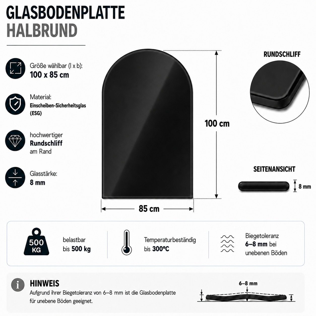 Hanseatic Bodenschutzplatte »Halbrund Glas Schwarz 85x110x0,6« Funkenschutzplatte