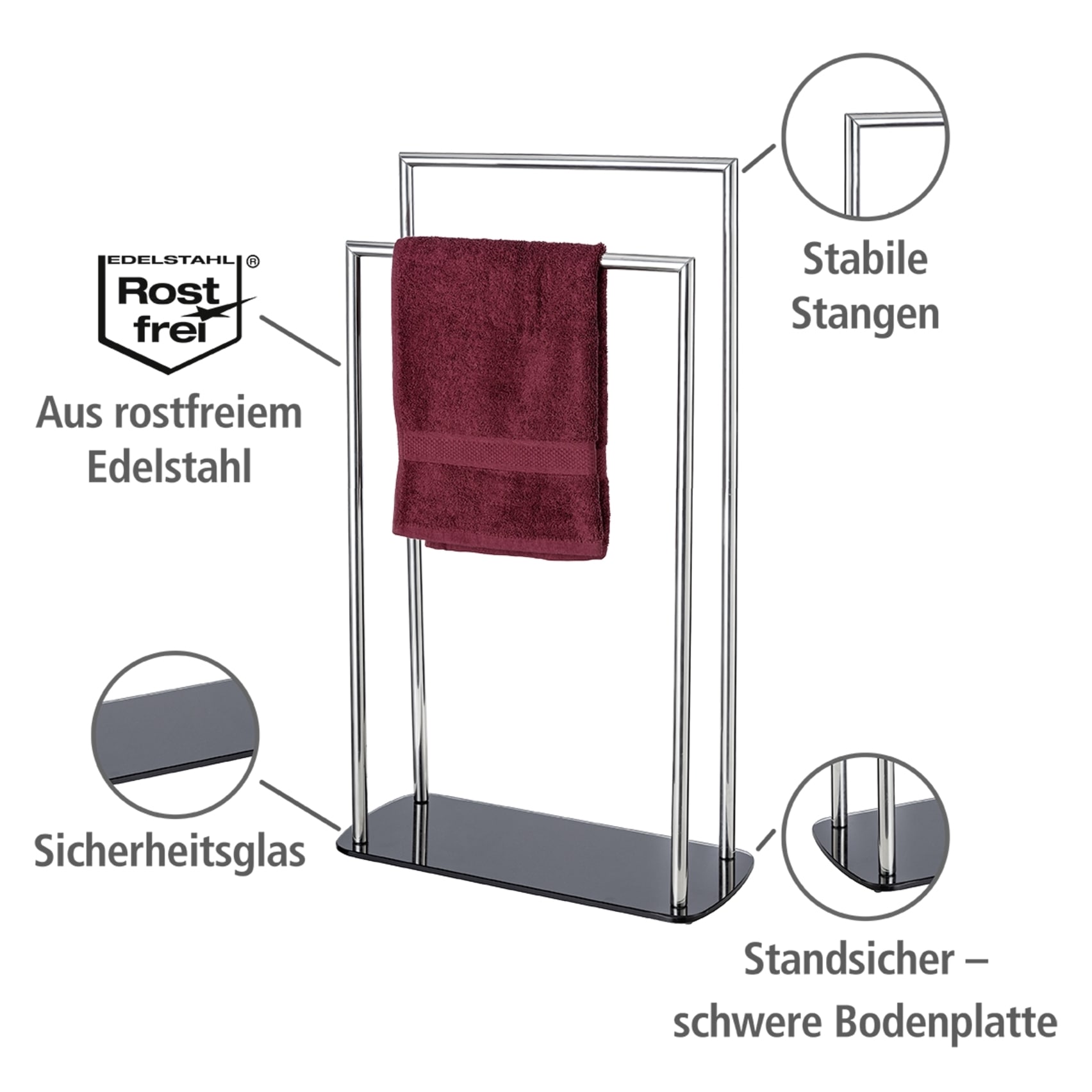 WENKO Handtuchständer »Ravina« freistehender Handtuchhalter aus Edelstahl, 2 Arme, Glasbodenplatte
