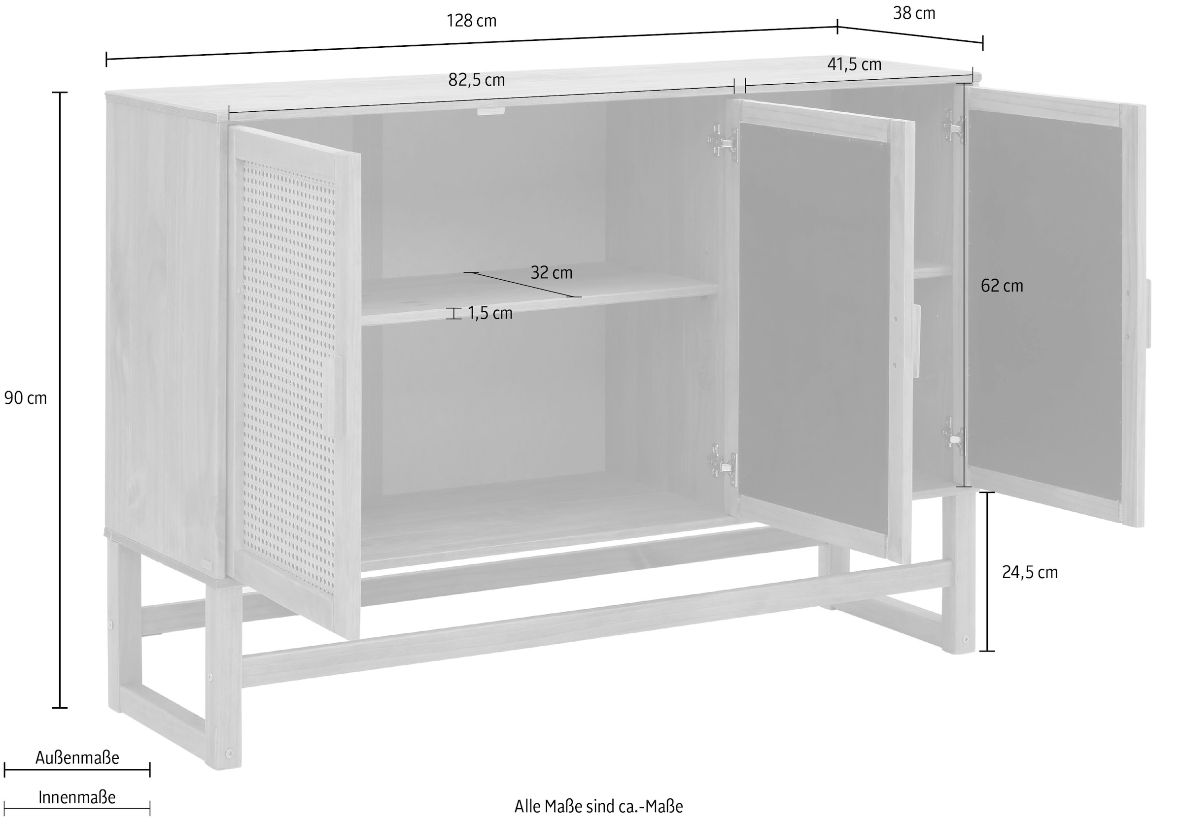 Home affaire Sideboard »Linz«, Kommode mit Rattangeflecht auf den Türfronten, aus Massivholz