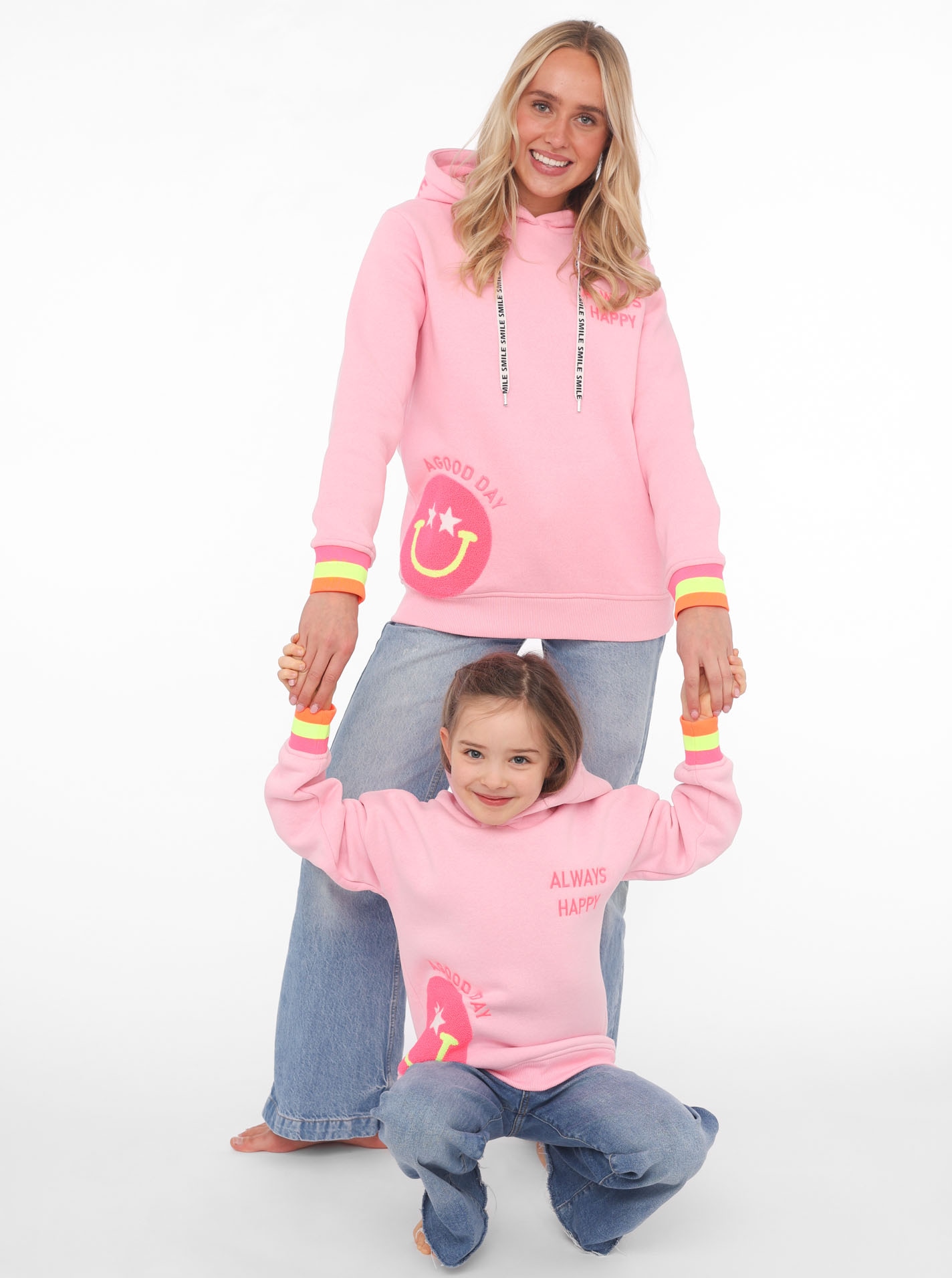 Zwillingsherz Hoodie »Always Happy«, Smiley aus Frottee, Neon-Details, Kapuze, Langarm
