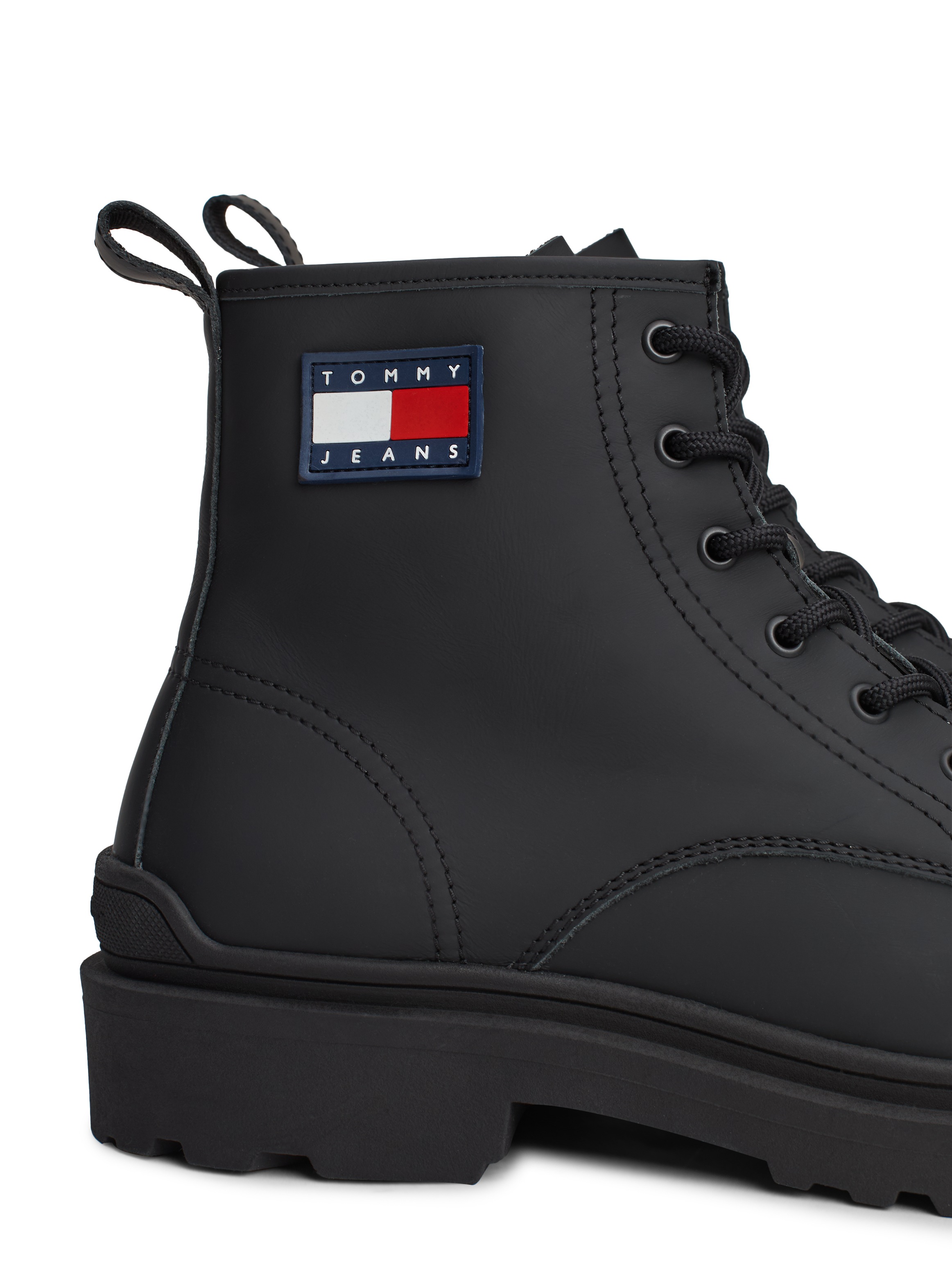 Tommy Jeans Schnürboots »TJM LEATHER LACE UP BOOT«, Blockabsatz, Schnürstiefelette mit seitlicher Logoflag